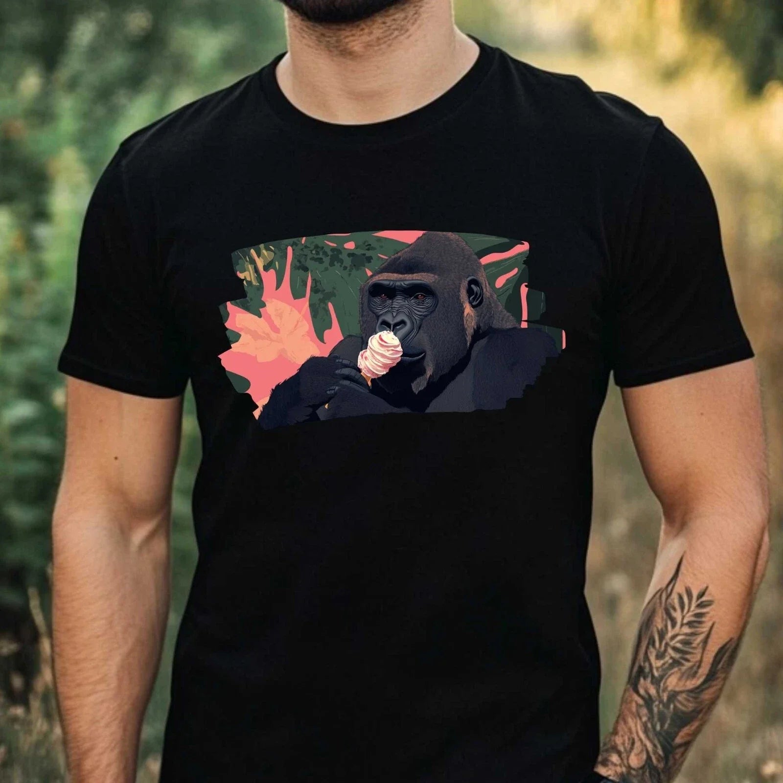 Mens Gorilla Eats Ice Cream Motif Cotton T-Shirt Size XS to 5XL Unisex T-shirt, Sweatshirt, Hoodie, Long Sleeve Tee - T-Shirt, Sweatshirt, Hoodie
