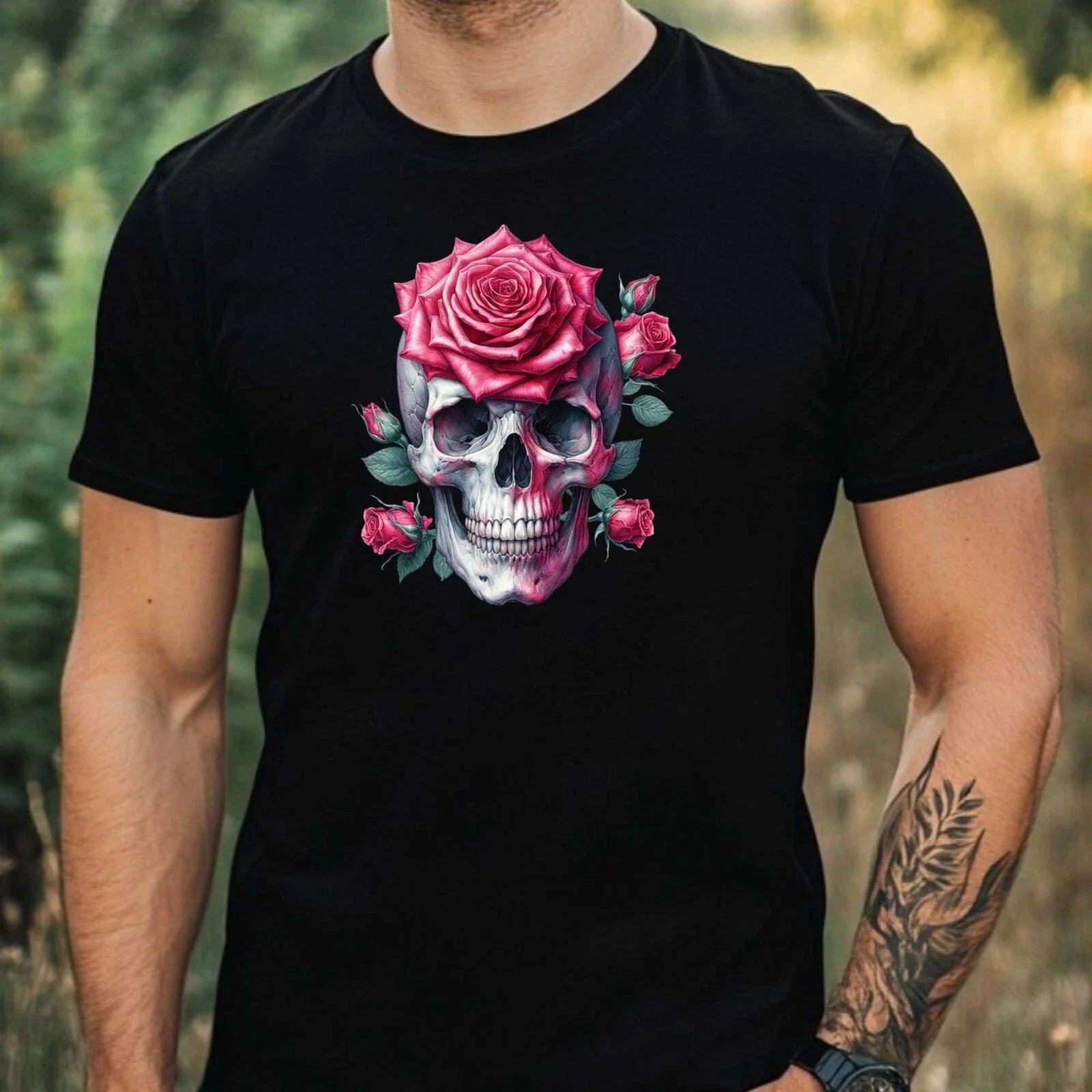 Mens Watercolour Rose Skull Motif Cotton T-Shirt Size XS to 5XL Unisex T-shirt, Sweatshirt, Hoodie, Long Sleeve Tee - T-Shirt, Sweatshirt, Hoodie