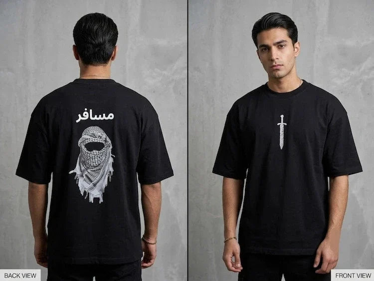 Premium Musafir & Al-Zaman Arabic Calligraphy Black Drop Shoulder T-Shirt Unisex T-shirt, Sweatshirt, Hoodie, Long Sleeve Tee - T-Shirt, Sweatshirt, Hoodie