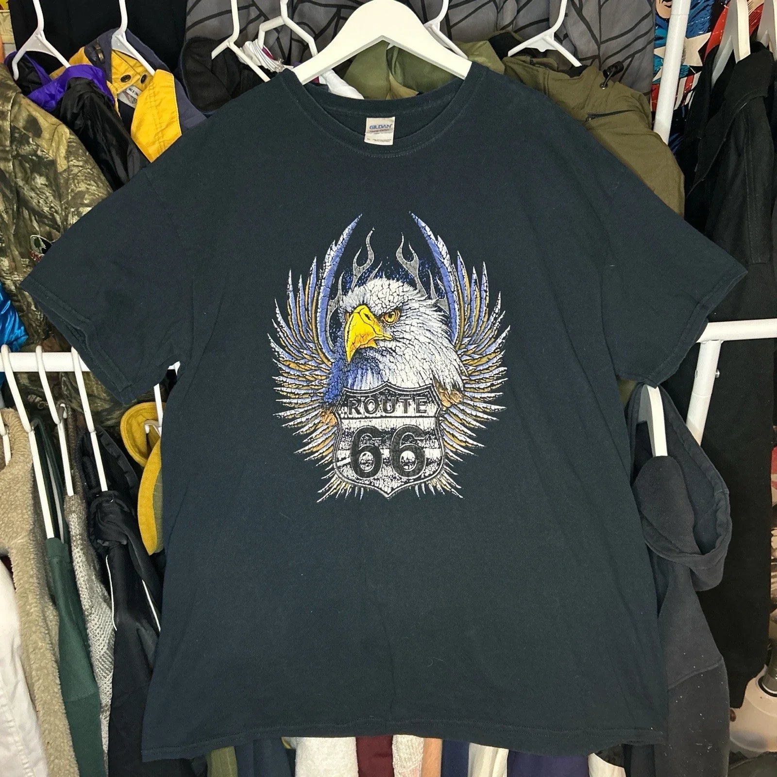 Vintage Y2K Route 66 Bald Eagle Blue Flames Faded Black T-shirt Size XL Biker Unisex T-shirt, Sweatshirt, Hoodie, Long Sleeve Tee - T-Shirt, Sweatshirt, Hoodie