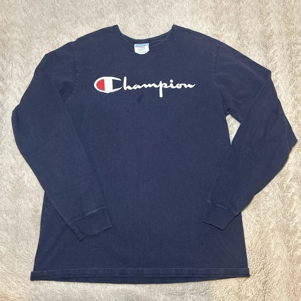 Champion Navy Blue Long Sleeve T-Shirt Size Large Mens Script Logo Unisex T-shirt, Sweatshirt, Hoodie, Long Sleeve Tee - T-Shirt, Sweatshirt, Hoodie