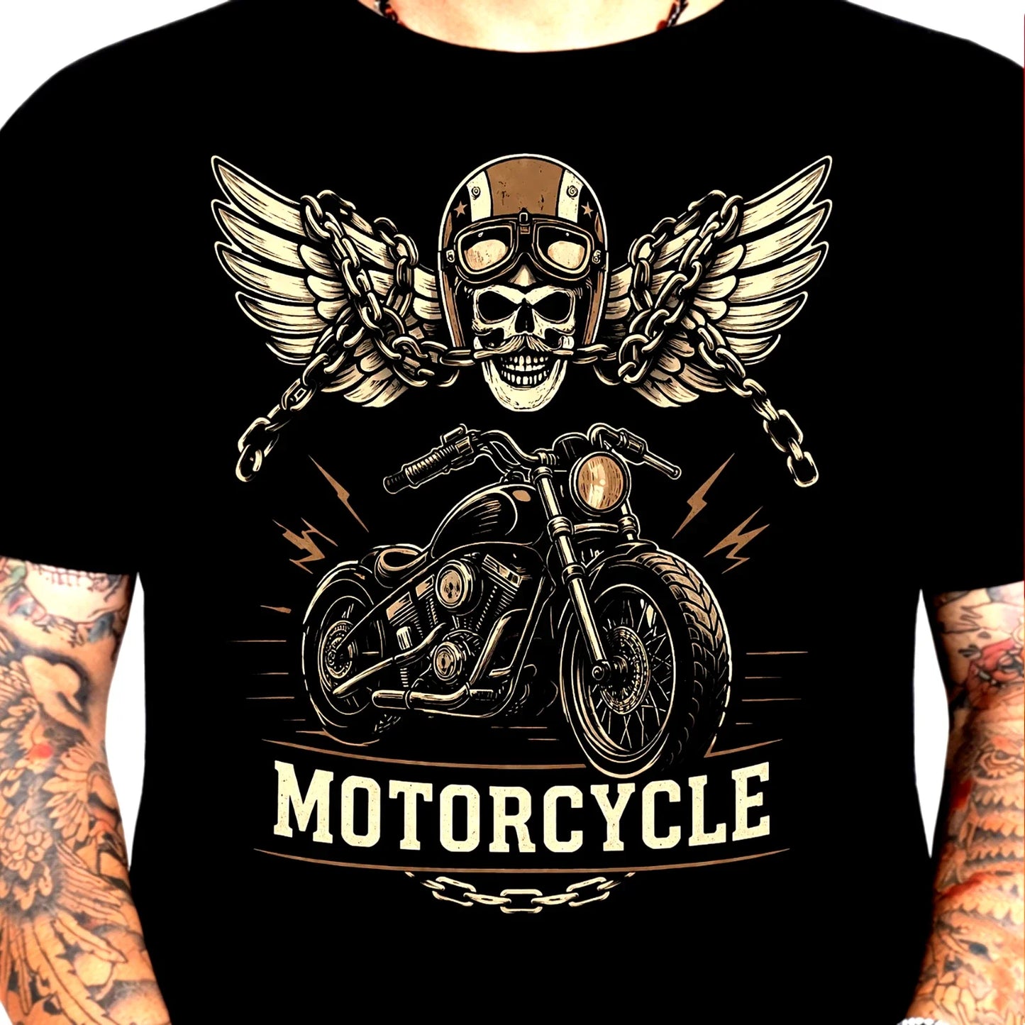 Winged Skull Motorcycle T-Shirt Biker Chopper Lightning Chain Gothic Graphic Tee Unisex T-shirt, Sweatshirt, Hoodie, Long Sleeve Tee - T-Shirt, Sweatshirt, Hoodie