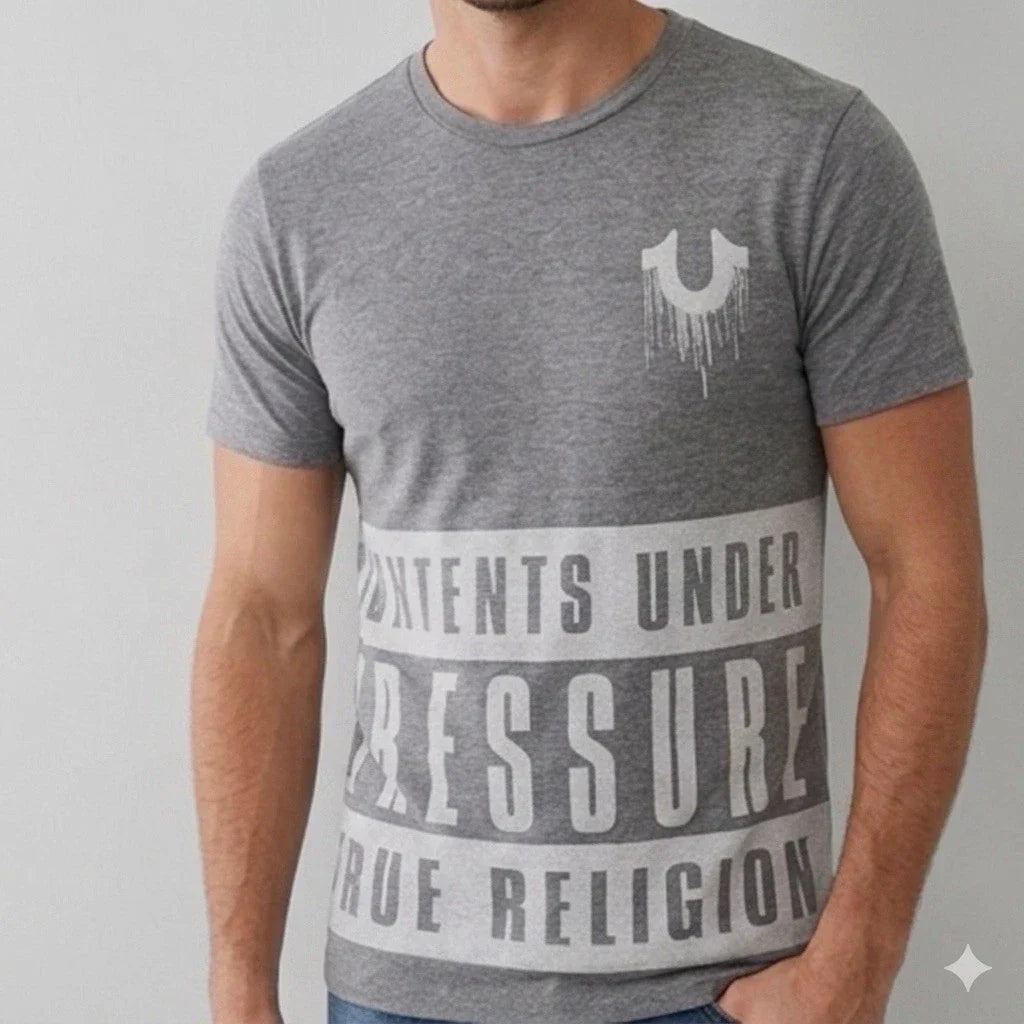 $68  TRUE RELIGION Grey CONTENTS Short Sleeve Designer Graphic T-shirt NWT Unisex T-shirt, Sweatshirt, Hoodie, Long Sleeve Tee - T-Shirt, Sweatshirt, Hoodie