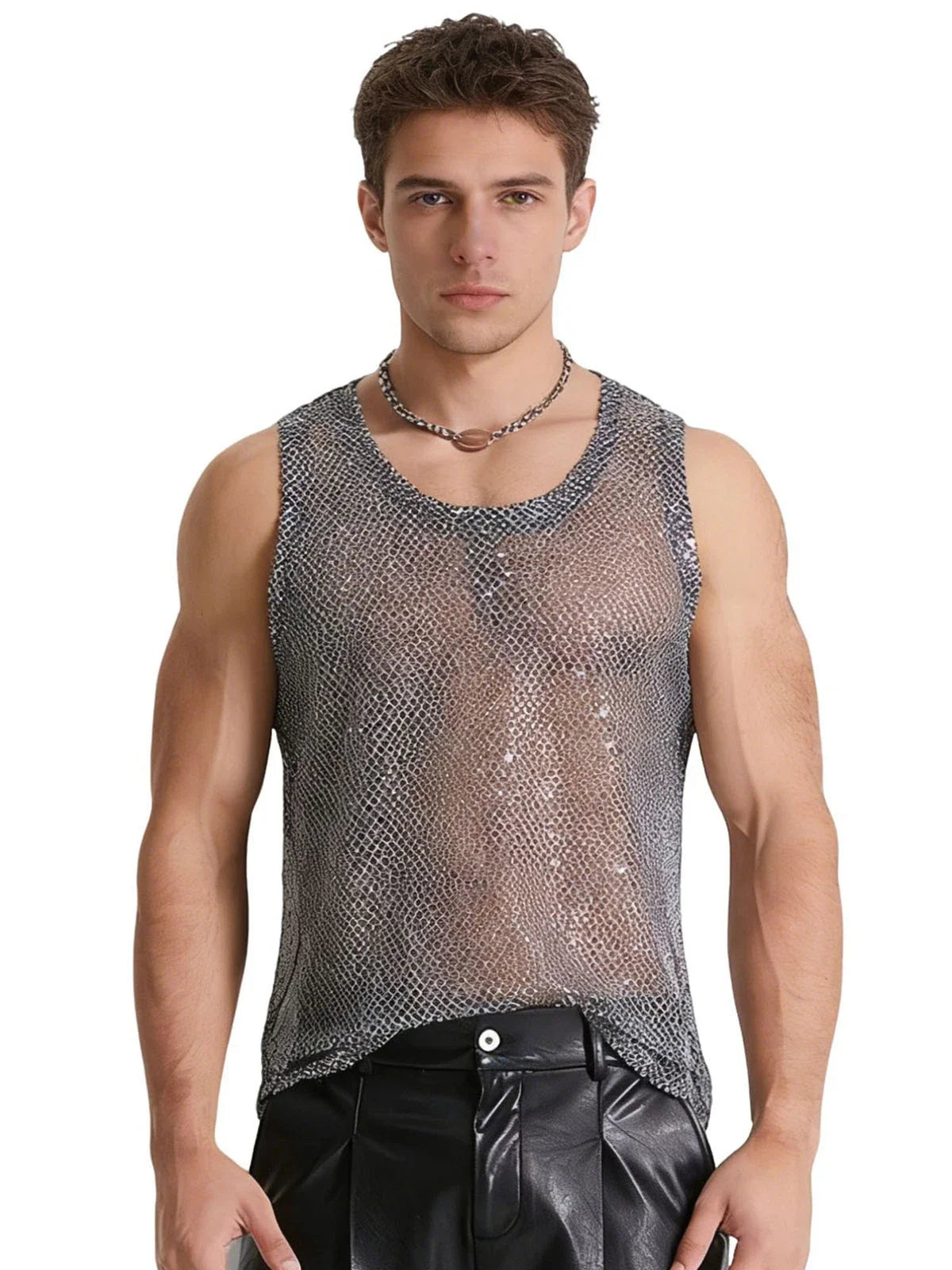 Men Top Silver Vest See-Through Tank Nightclub Sleeveless Edgy Clubwear Trendy Unisex T-shirt, Sweatshirt, Hoodie, Long Sleeve Tee - T-Shirt, Sweatshirt, Hoodie