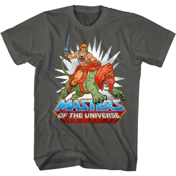 HE-MAN w/BATTLE CAT T-SHIRT Retro 80's Cartoon MOTU American Classics Gray NEW Unisex T-shirt, Sweatshirt, Hoodie, Long Sleeve Tee - T-Shirt, Sweatshirt, Hoodie