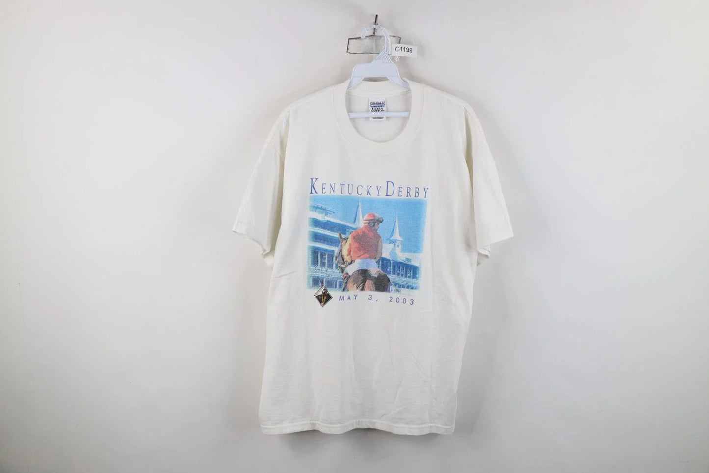 Vintage Y2K Mens Large 2003 129th Kentucky Derby Horse Racing T-Shirt White Unisex T-shirt, Sweatshirt, Hoodie, Long Sleeve Tee - T-Shirt, Sweatshirt, Hoodie