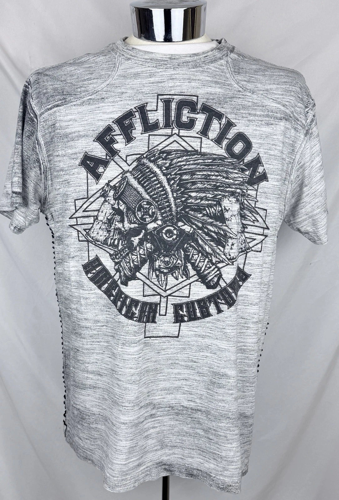 Y2K Affliction American Customs Indian Skull Two Sided Premium Gray T-Shirt XL Unisex T-shirt, Sweatshirt, Hoodie, Long Sleeve Tee - T-Shirt, Sweatshirt, Hoodie