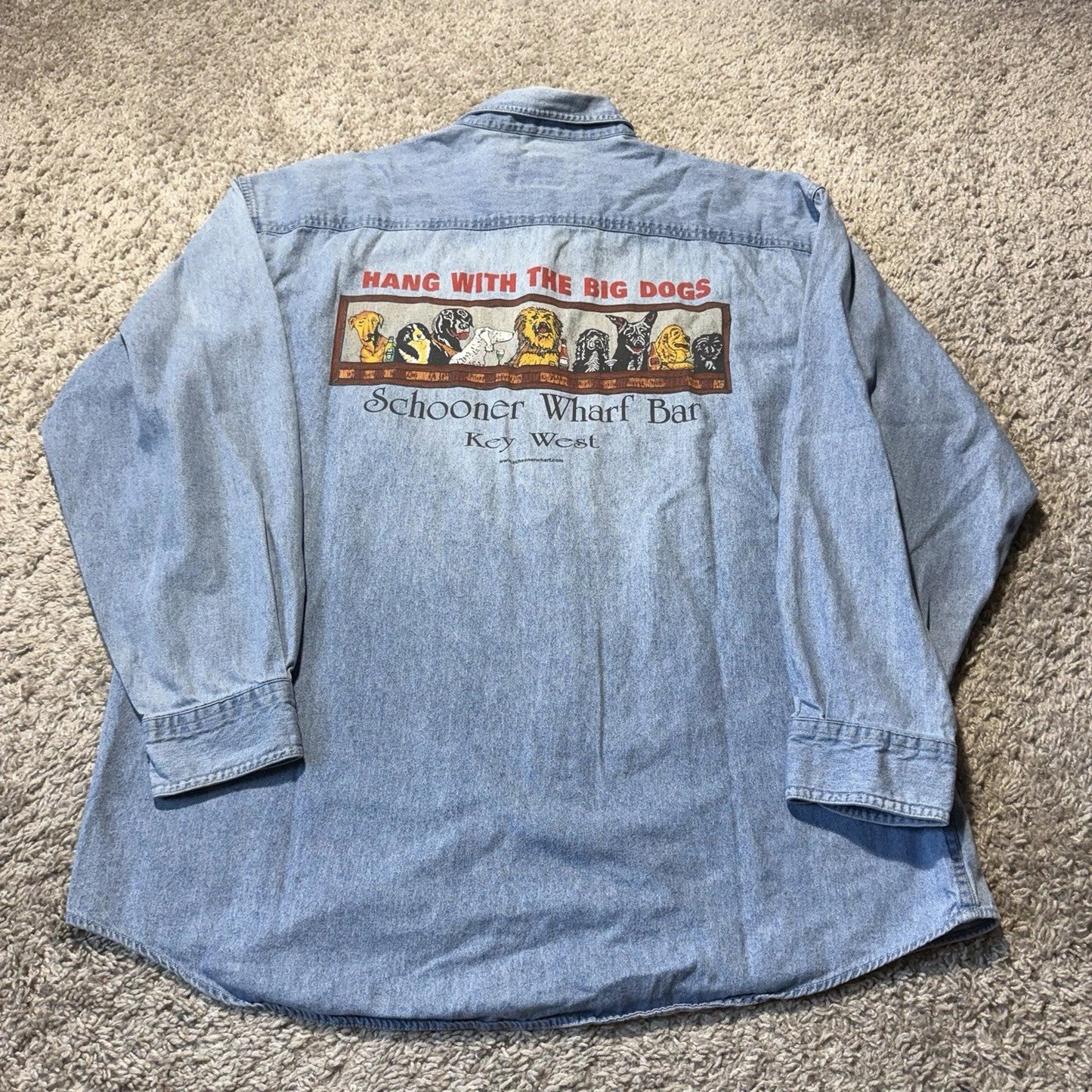 Key West Schooner Wharf Bar VTG Denim Shirt Mens XL Blue Double Sided Dogs Unisex T-shirt, Sweatshirt, Hoodie, Long Sleeve Tee - T-Shirt, Sweatshirt, Hoodie