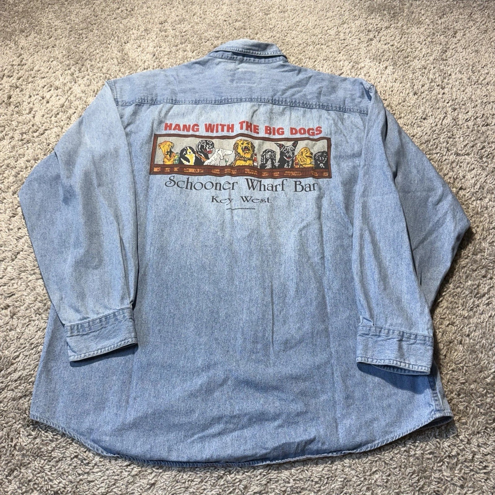 Key West Schooner Wharf Bar VTG Denim Shirt Mens XL Blue Double Sided Dogs Unisex T-shirt, Sweatshirt, Hoodie, Long Sleeve Tee - T-Shirt, Sweatshirt, Hoodie
