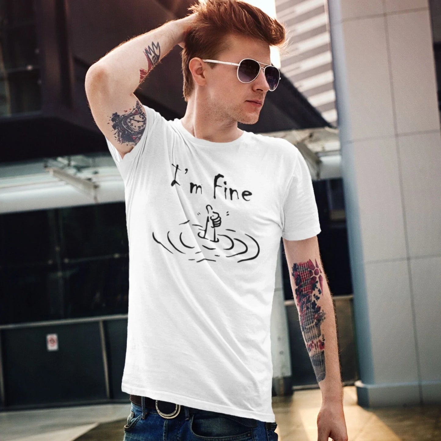 I'm Fine" Funny Meme T-shirt Mens Short Sleeve Crew Neck Summer Printed Tee Tops Unisex T-shirt, Sweatshirt, Hoodie, Long Sleeve Tee - T-Shirt, Sweatshirt, Hoodie