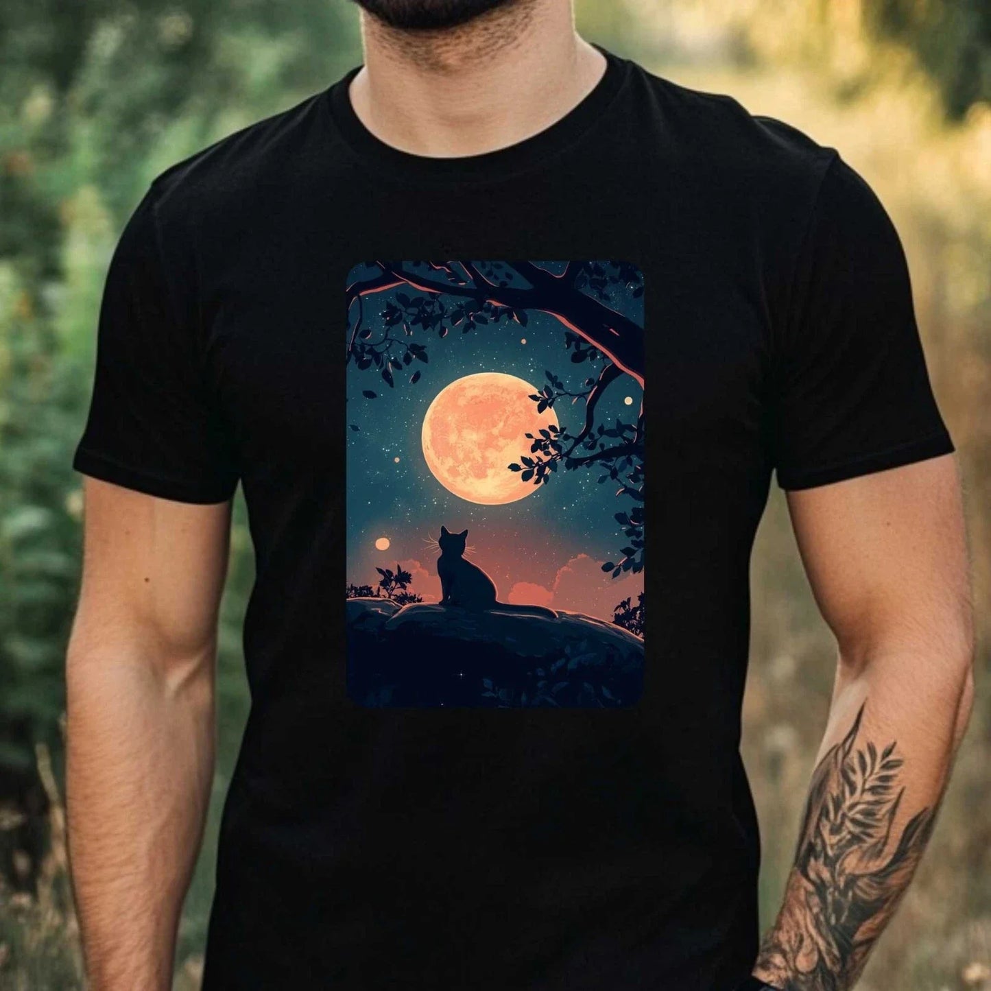 Mens Cat At Full Moon Motif Cotton T-Shirt Size XS to 5XL Unisex T-shirt, Sweatshirt, Hoodie, Long Sleeve Tee - T-Shirt, Sweatshirt, Hoodie