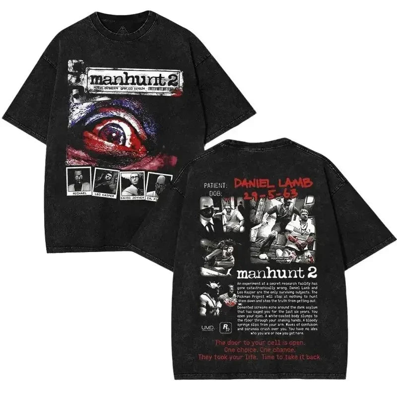 MANHUNT 2 Double Printed Washed 2 Sided Printing T-Shirt RPG action Video anime Unisex T-shirt, Sweatshirt, Hoodie, Long Sleeve Tee - T-Shirt, Sweatshirt, Hoodie