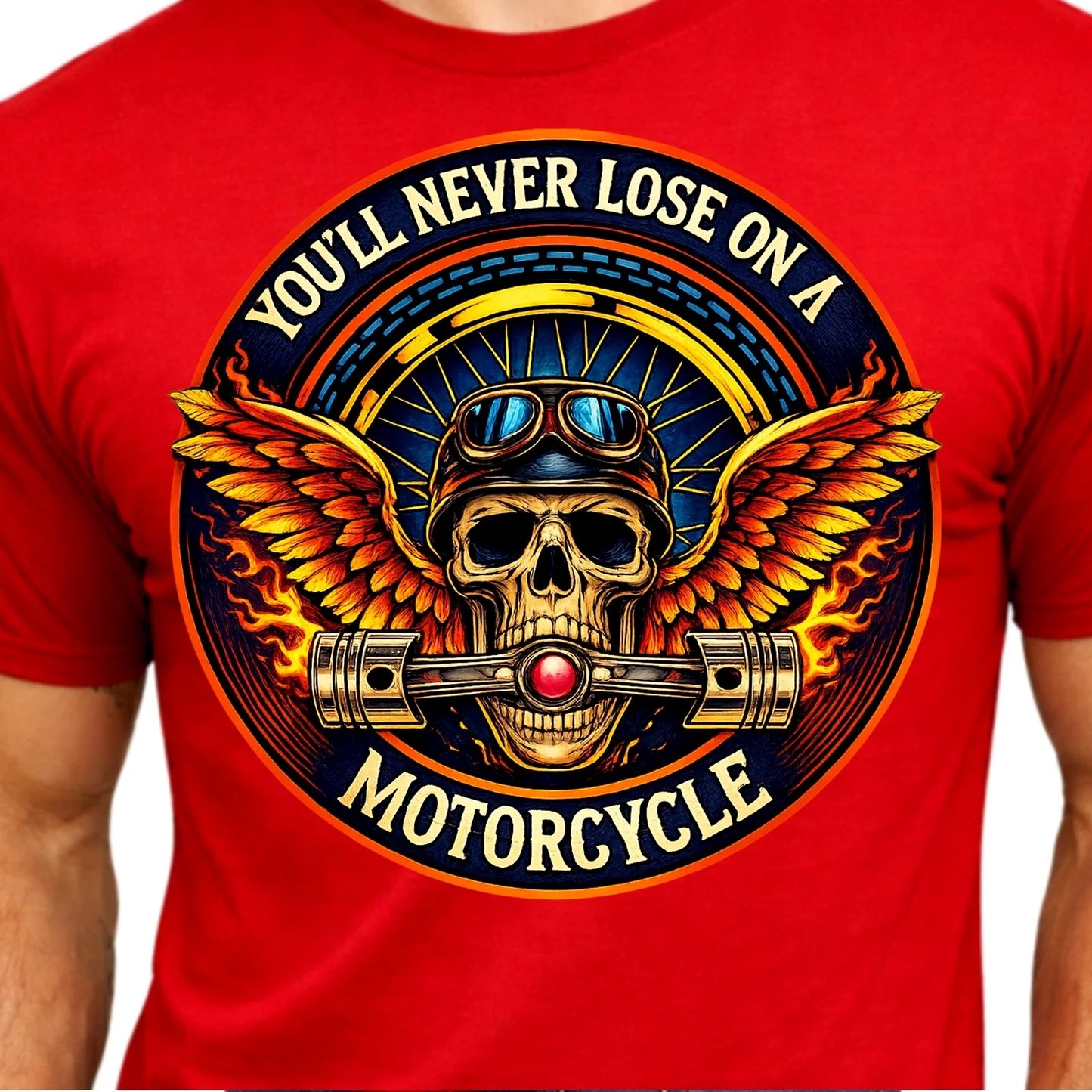Winged Skull Motorcycle T-Shirt Biker Helmet Pistons Flames Gothic Graphic Tee Unisex T-shirt, Sweatshirt, Hoodie, Long Sleeve Tee - T-Shirt, Sweatshirt, Hoodie