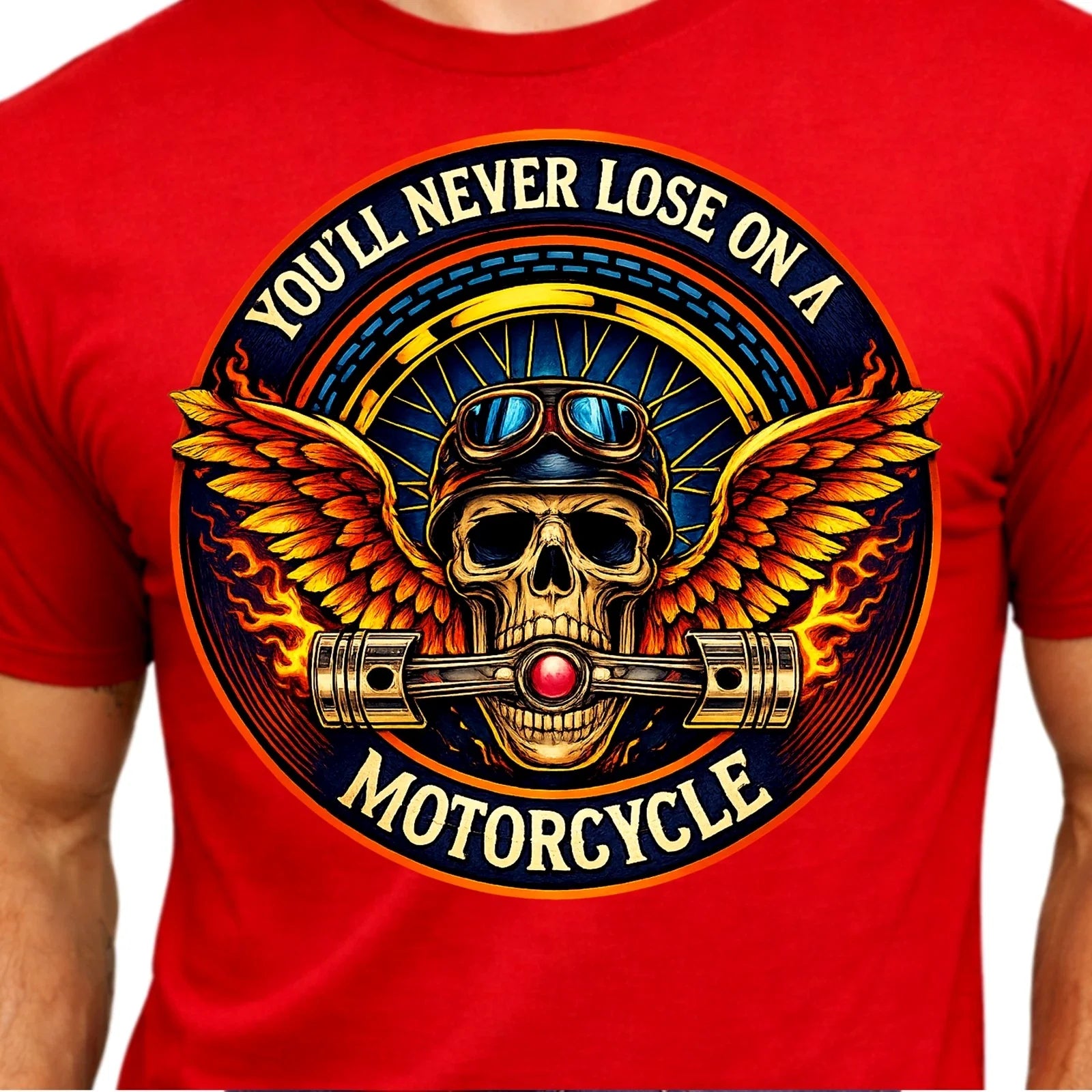 Winged Skull Motorcycle T-Shirt Biker Helmet Pistons Flames Gothic Graphic Tee Unisex T-shirt, Sweatshirt, Hoodie, Long Sleeve Tee - T-Shirt, Sweatshirt, Hoodie