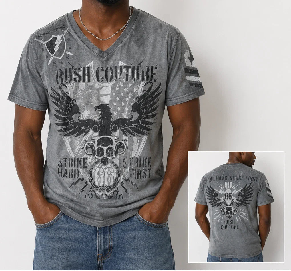 Rush Couture Men's Unisex V-neck Tee Shirt Grey White Graphic Size Large Y2K Unisex T-shirt, Sweatshirt, Hoodie, Long Sleeve Tee - T-Shirt, Sweatshirt, Hoodie