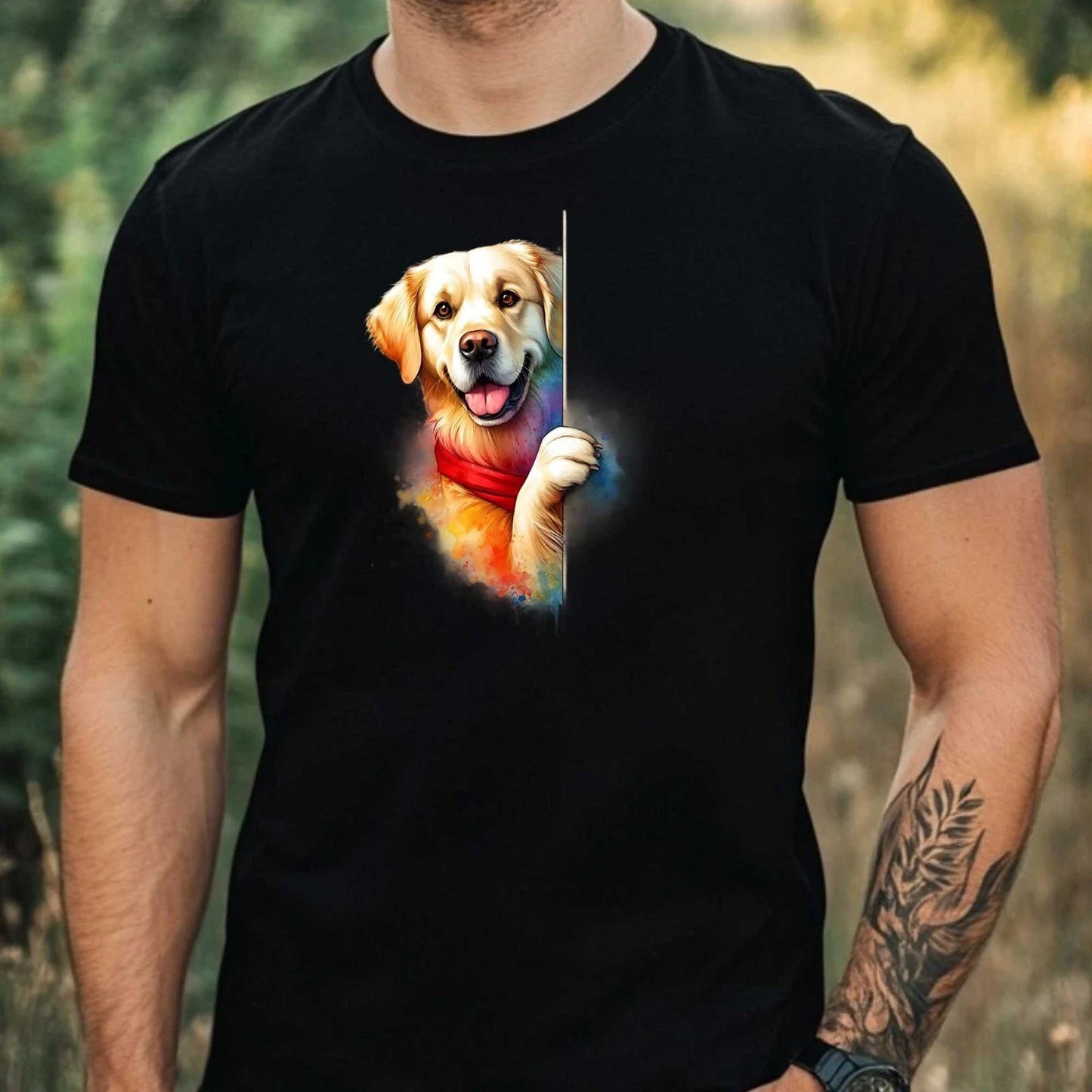 Mens Dog Looking Watercolour Motif Cotton T-Shirt Size XS to 5XL Unisex T-shirt, Sweatshirt, Hoodie, Long Sleeve Tee - T-Shirt, Sweatshirt, Hoodie