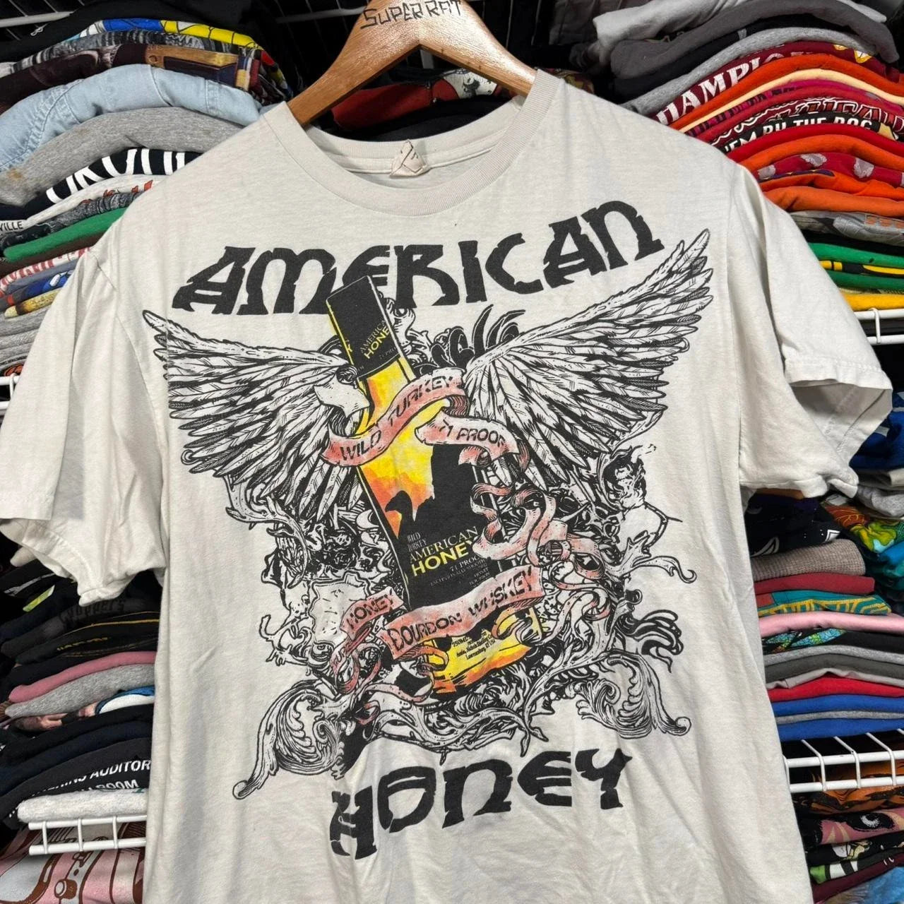 Y2K wild turkey American honey whisky graphic big print  t shirt white Unisex T-shirt, Sweatshirt, Hoodie, Long Sleeve Tee - T-Shirt, Sweatshirt, Hoodie