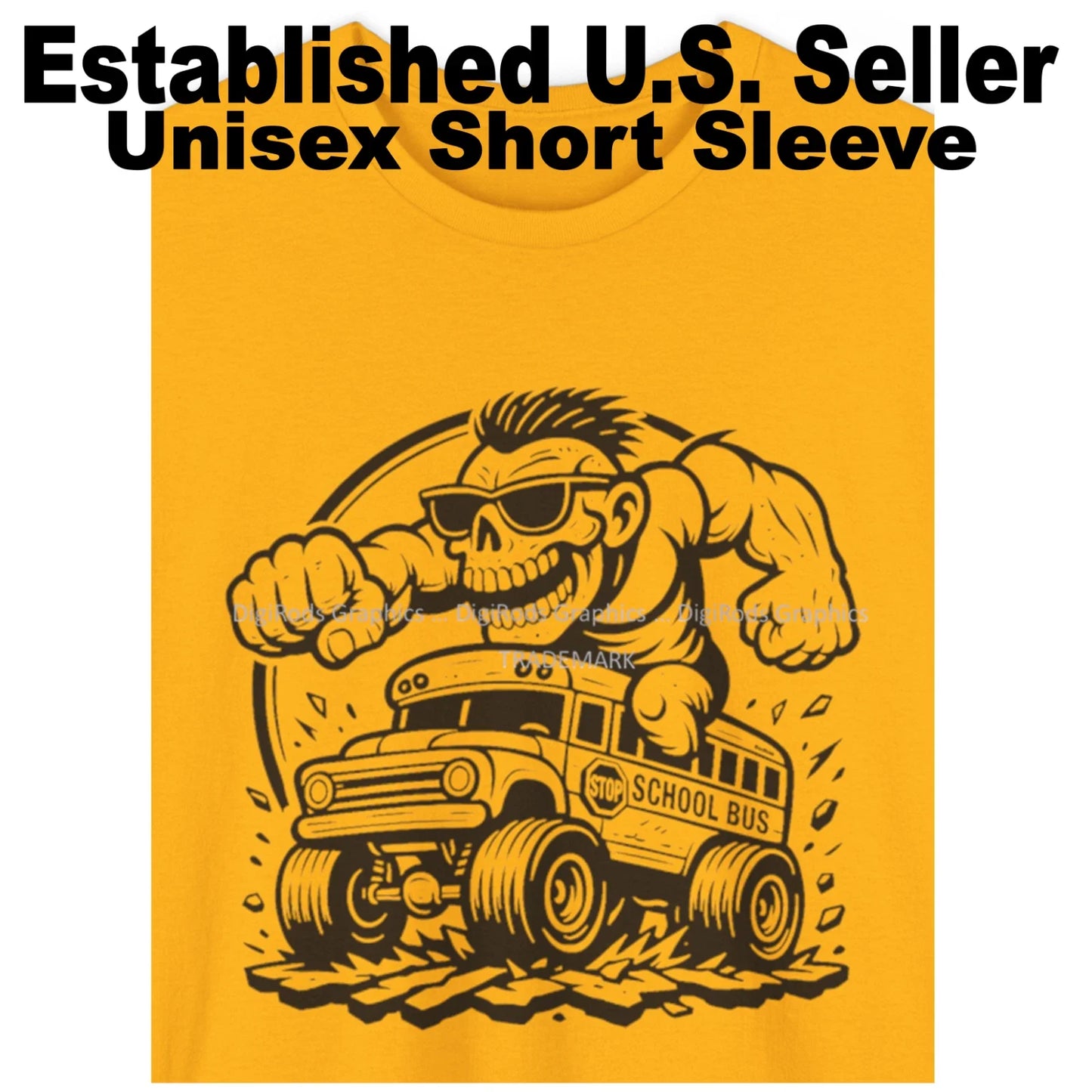 DigiRods Zombie Crazy Hot Rod School Bus Driver Cartoon Car Gold T Shirt Unisex T-shirt, Sweatshirt, Hoodie, Long Sleeve Tee - T-Shirt, Sweatshirt, Hoodie