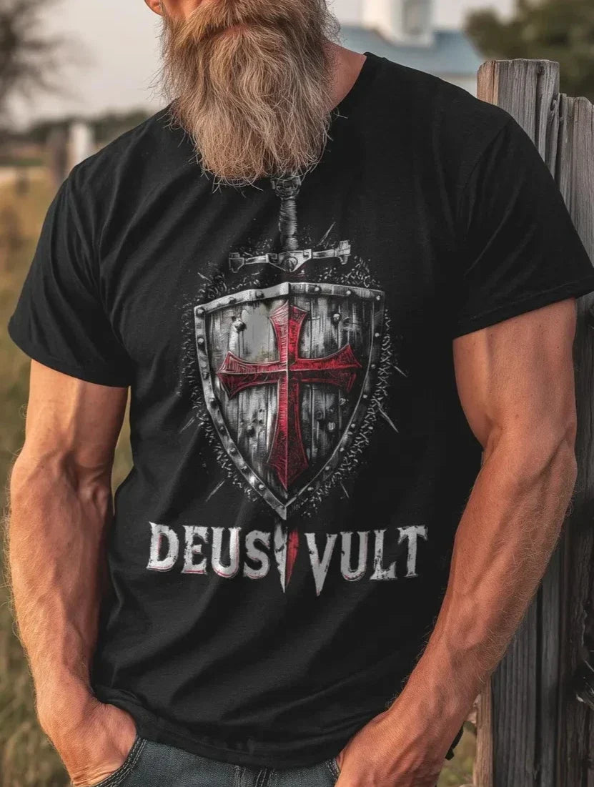 Deus Vult Crusader Shield T-Shirt Templar Cross Christian Warrior Graphic Tee Unisex T-shirt, Sweatshirt, Hoodie, Long Sleeve Tee - T-Shirt, Sweatshirt, Hoodie