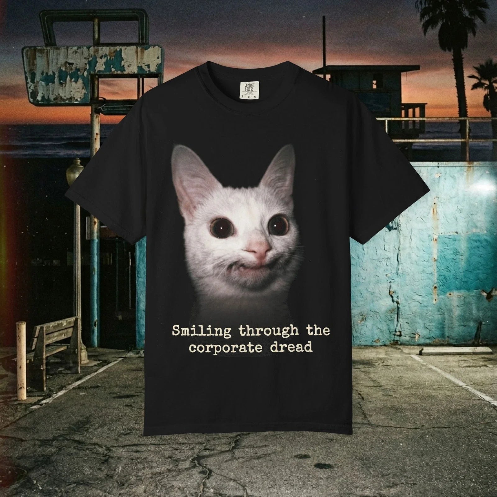 Smiling Through The Corporate Dread Funny White Cat Unisex T-Shirt Unisex T-shirt, Sweatshirt, Hoodie, Long Sleeve Tee - T-Shirt, Sweatshirt, Hoodie