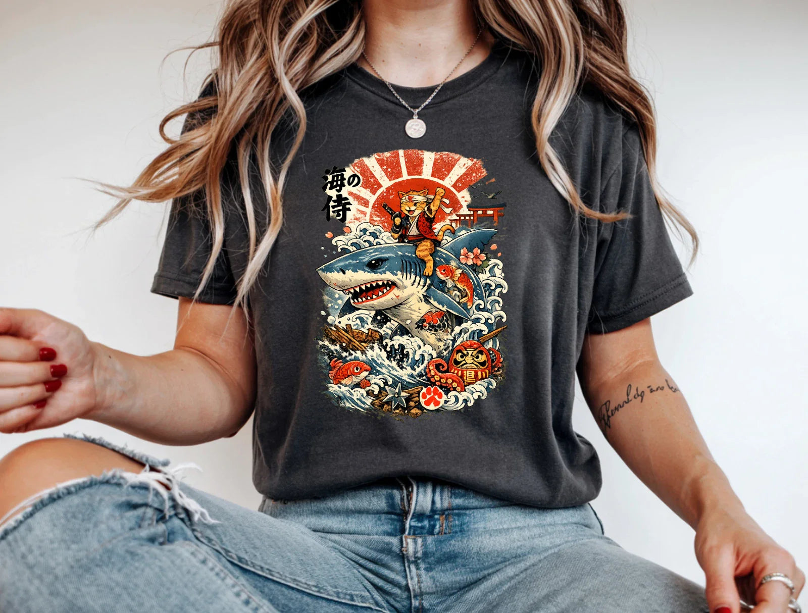 Samurai Cat Riding Shark T-Shirt Japanese Kawaii Anime Ocean Graphic Tee Unisex T-shirt, Sweatshirt, Hoodie, Long Sleeve Tee - T-Shirt, Sweatshirt, Hoodie