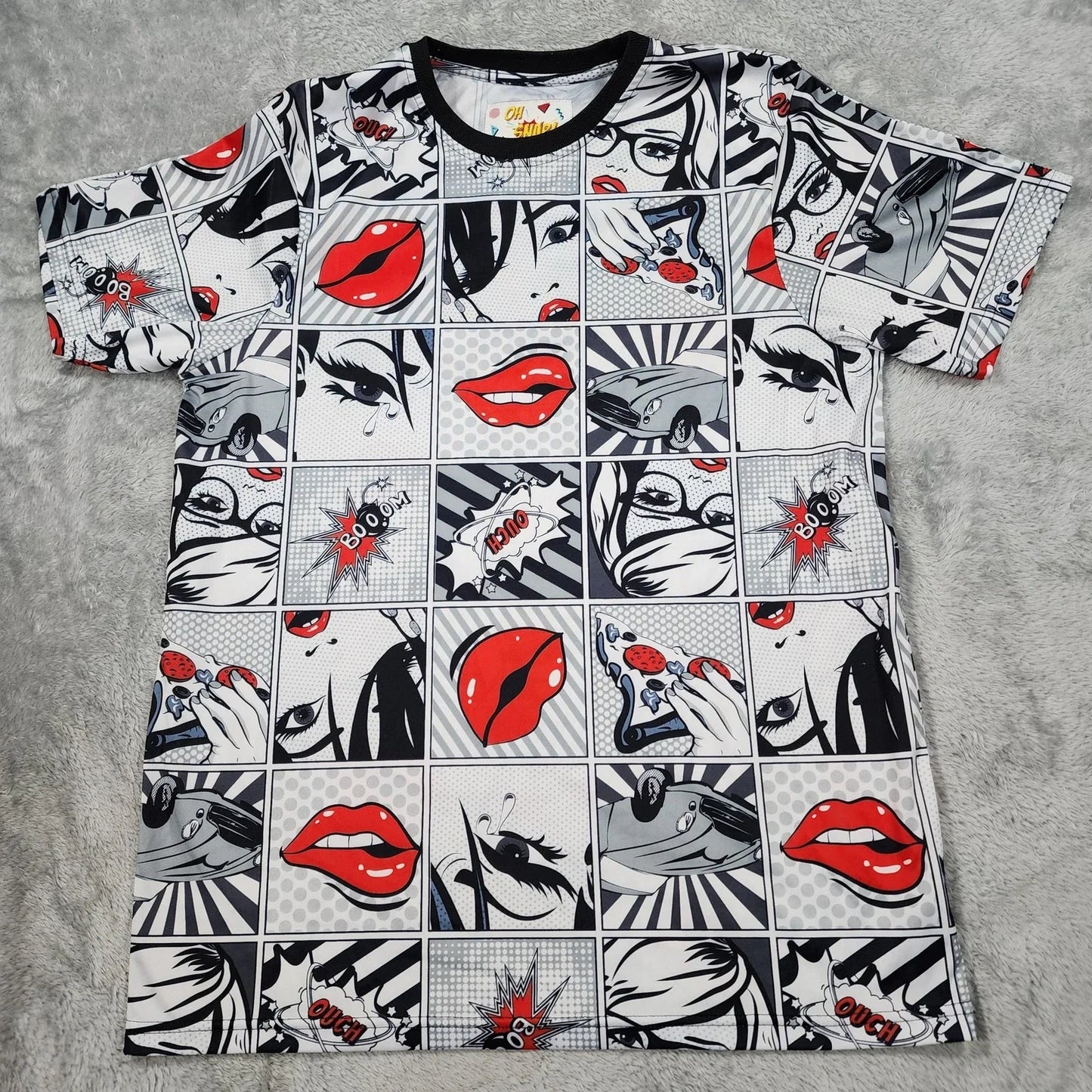 Oh Snap Shirt Mens Medium Pop Art Comic Graphic Lips Crying Car Pizza Polyester Unisex T-shirt, Sweatshirt, Hoodie, Long Sleeve Tee - T-Shirt, Sweatshirt, Hoodie