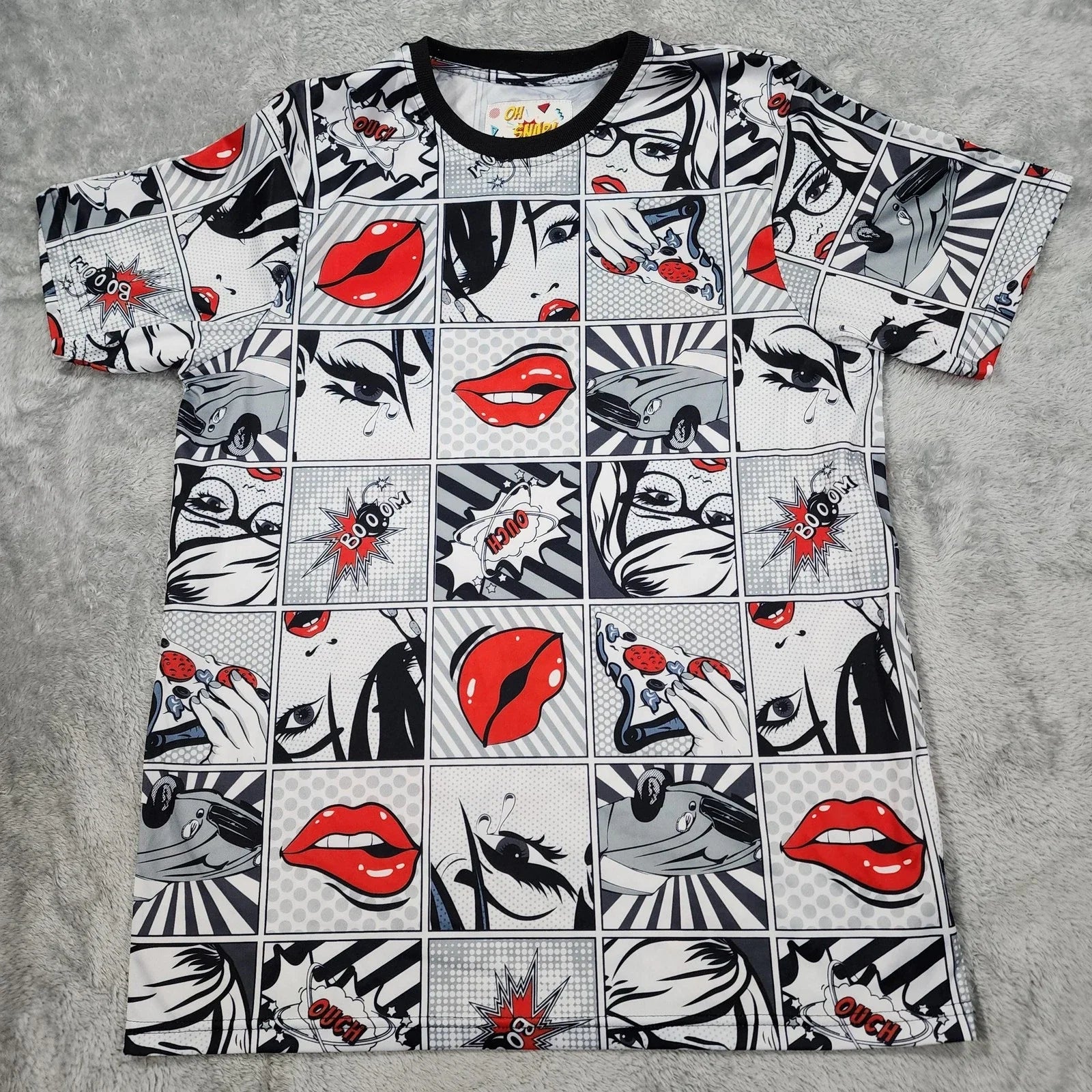 Oh Snap Shirt Mens Medium Pop Art Comic Graphic Lips Crying Car Pizza Polyester Unisex T-shirt, Sweatshirt, Hoodie, Long Sleeve Tee - T-Shirt, Sweatshirt, Hoodie