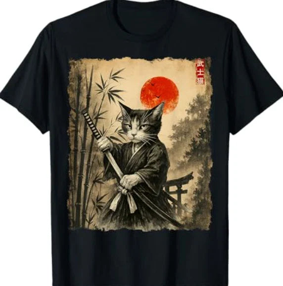 Samurai Cat Japanese Art  Funny Graphic Tee Anime T-Shirt Unisex T-shirt, Sweatshirt, Hoodie, Long Sleeve Tee - T-Shirt, Sweatshirt, Hoodie