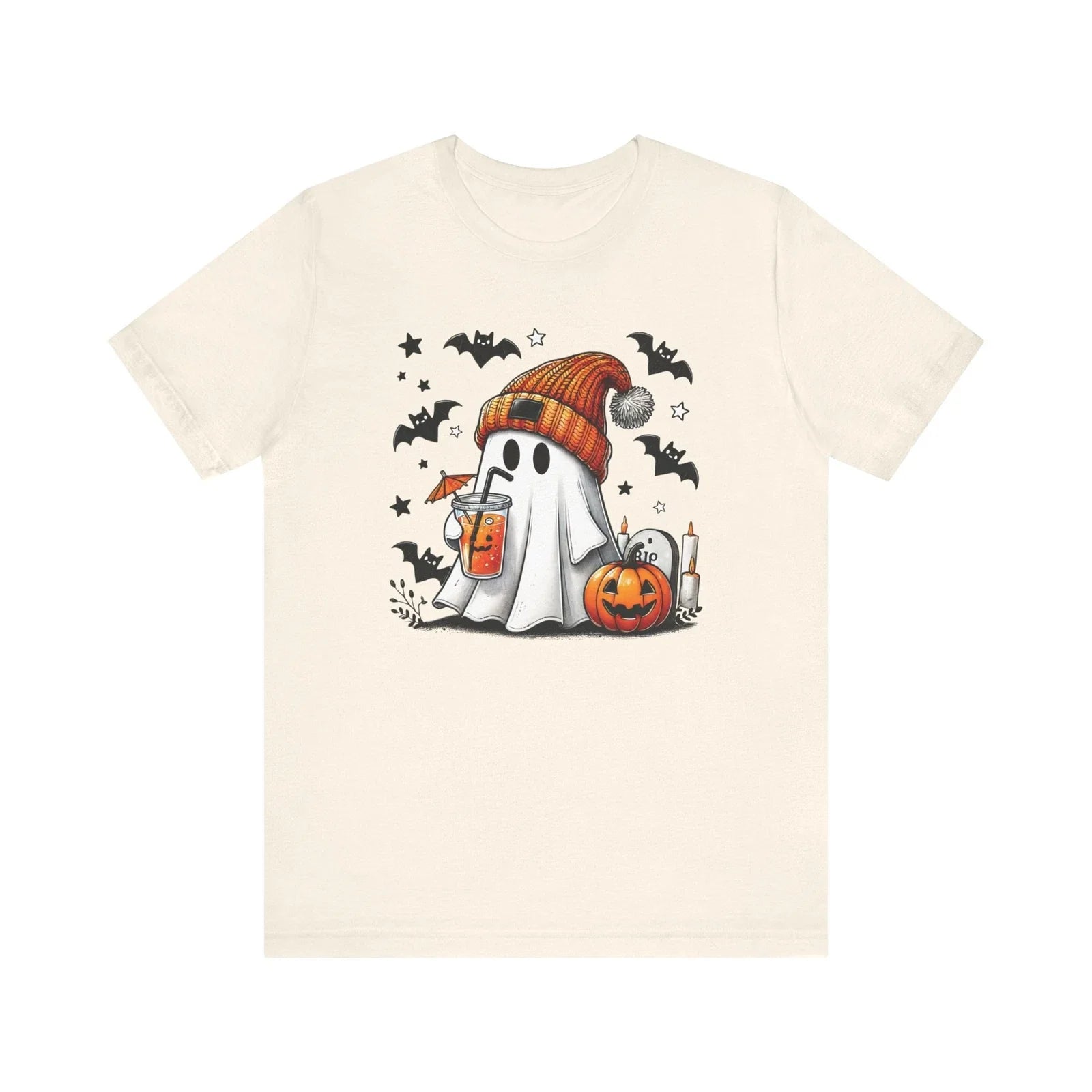 Cute Halloween Ghost Sipping Coffee T-Shirt Short Sleeve Womens Unisex T-shirt, Sweatshirt, Hoodie, Long Sleeve Tee - T-Shirt, Sweatshirt, Hoodie