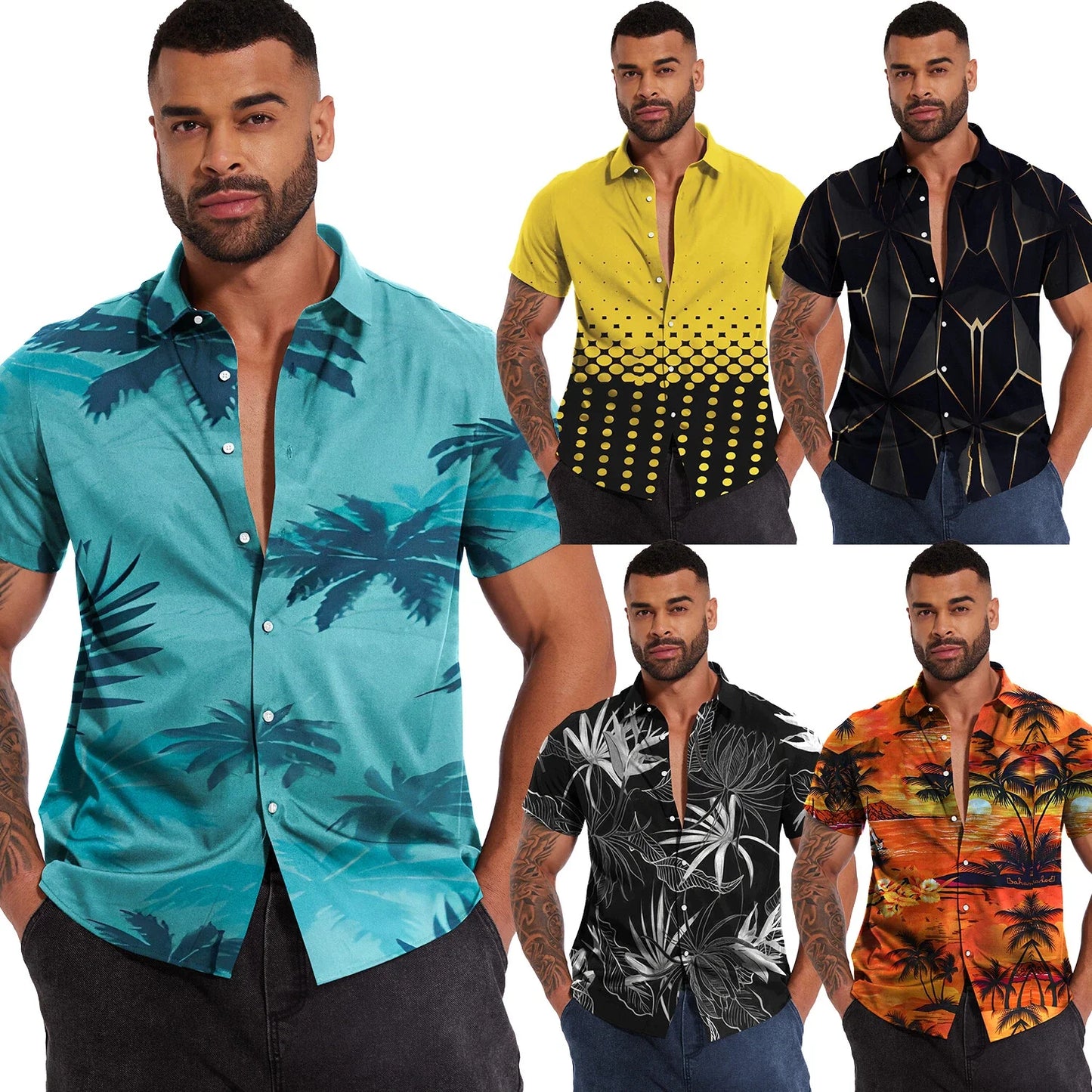 Men Hawaiian Shirts Floral Palm Tree Sunset Surf Beach Party Holiday Stag Dance Unisex T-shirt, Sweatshirt, Hoodie, Long Sleeve Tee - T-Shirt, Sweatshirt, Hoodie