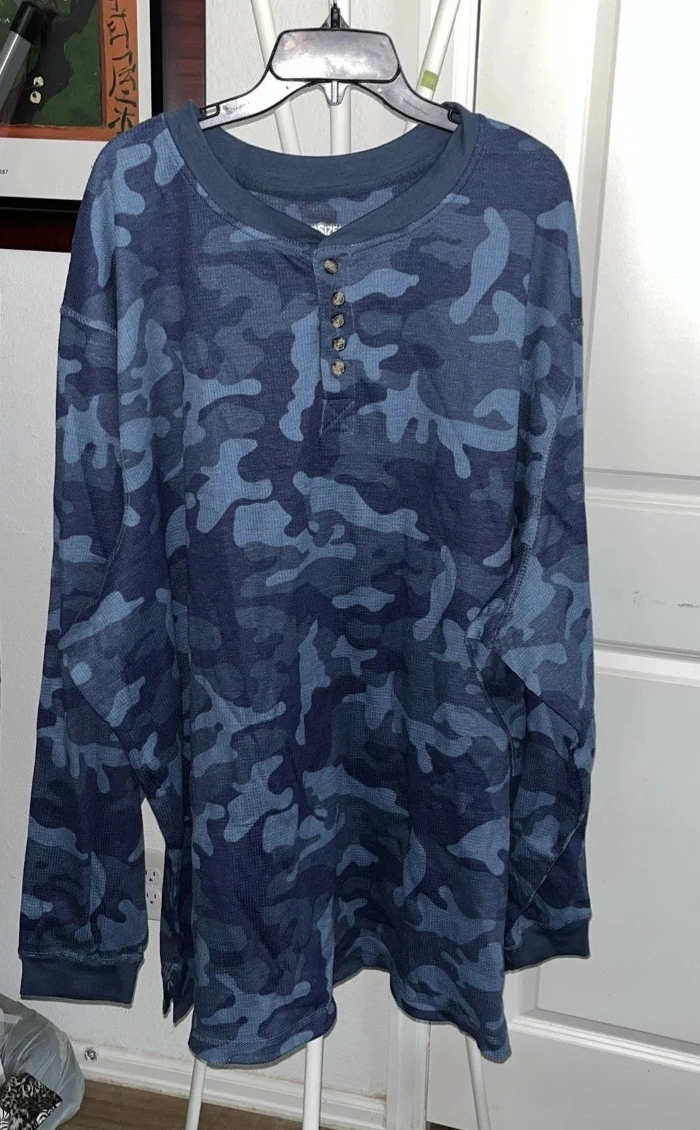 KingSize Blue Camo Thermal Shirt Mens Big 5XL Henley Camouflage Long Sleeve Unisex T-shirt, Sweatshirt, Hoodie, Long Sleeve Tee - T-Shirt, Sweatshirt, Hoodie