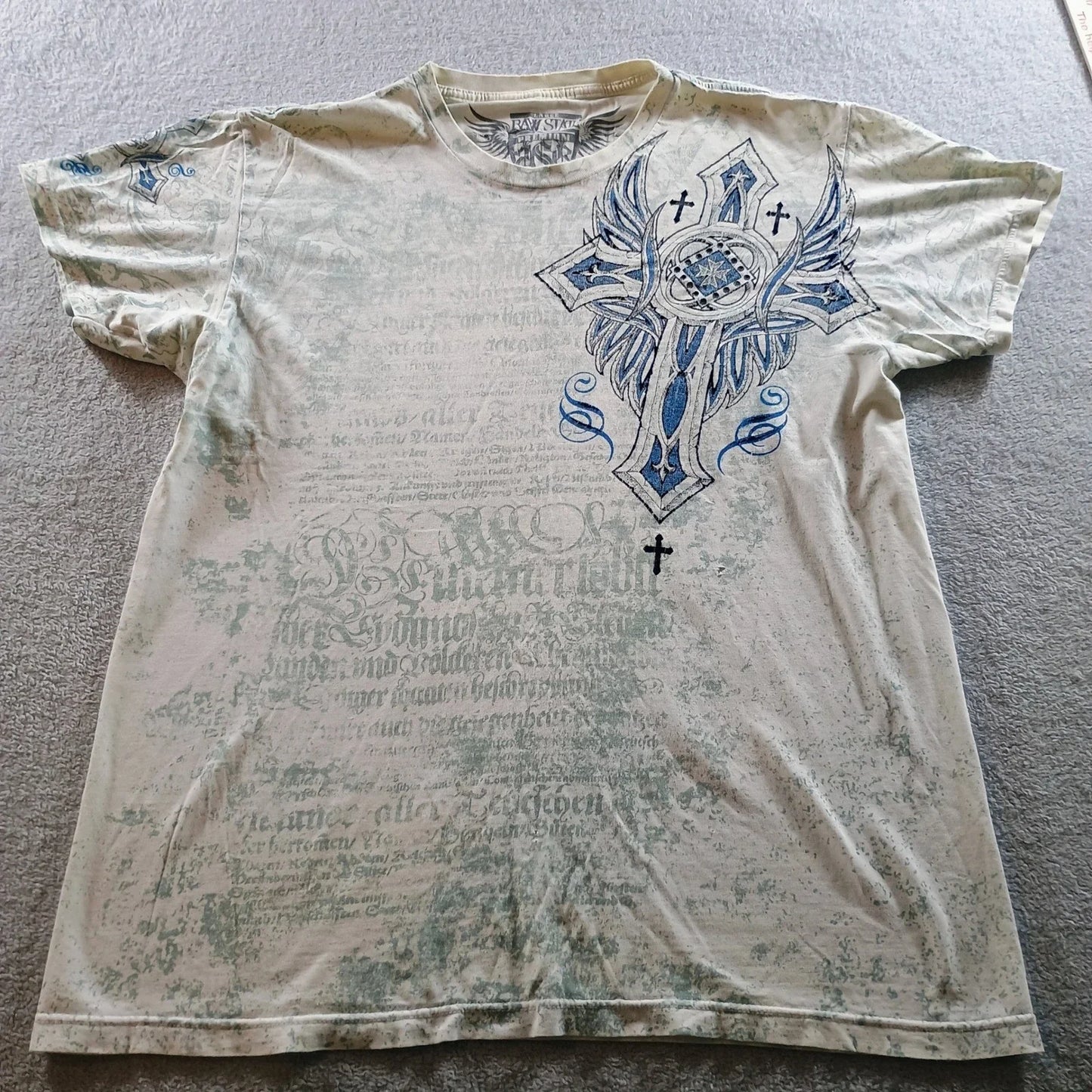 Raw State Men T-Shirt Redemption Winged Cross White Blue Large Distressed Y2K Unisex T-shirt, Sweatshirt, Hoodie, Long Sleeve Tee - T-Shirt, Sweatshirt, Hoodie