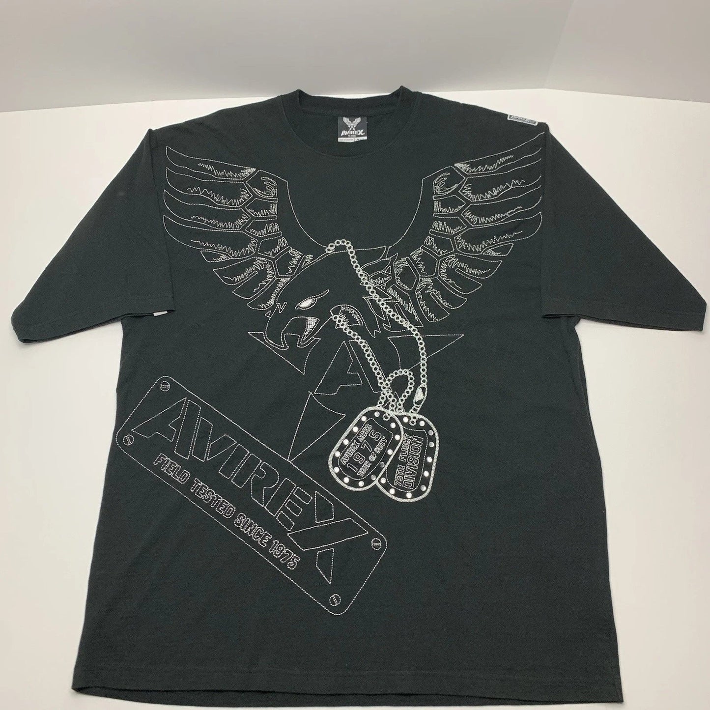 Vintage Avirex T-Shirt Y2k Eagle Dog Tag Black Oversized Tee Mens Size 3XL Unisex T-shirt, Sweatshirt, Hoodie, Long Sleeve Tee - T-Shirt, Sweatshirt, Hoodie