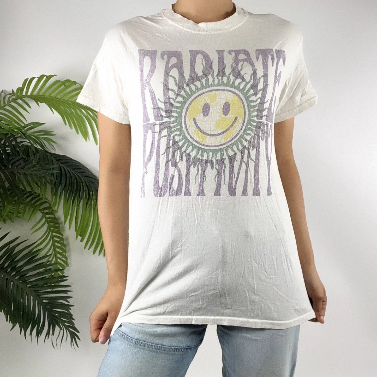 Radiate Positivity Vintage Graphic Tee White Cotton Boho Casual T-Shirt / Small Unisex T-shirt, Sweatshirt, Hoodie, Long Sleeve Tee - T-Shirt, Sweatshirt, Hoodie