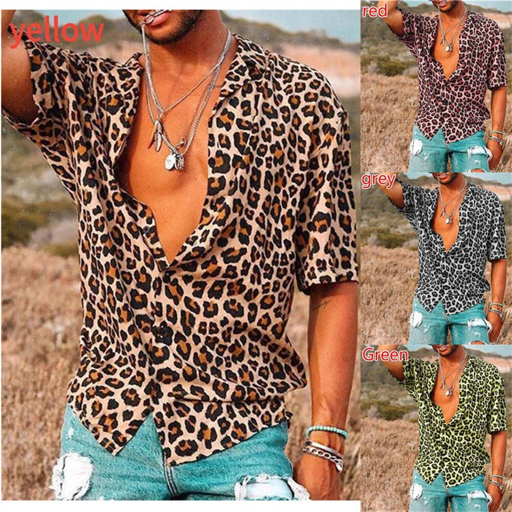 Men's Leopard Print Shirt Casual Slim Shirts Short Sleeve Button Down Top Blouse Unisex T-shirt, Sweatshirt, Hoodie, Long Sleeve Tee - T-Shirt, Sweatshirt, Hoodie