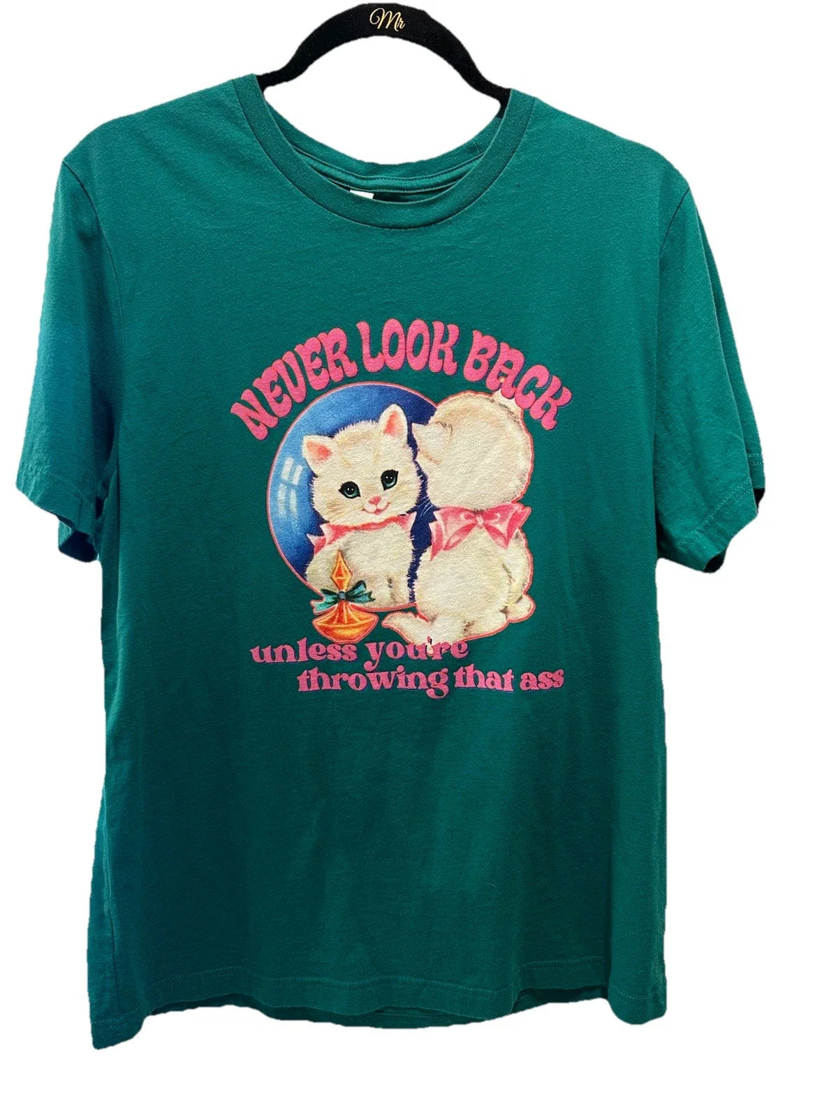 Y2k/80s Never Look Back Tshirt Cheeky Kitty Cat  Size L 80s Style Unisex T-shirt, Sweatshirt, Hoodie, Long Sleeve Tee - T-Shirt, Sweatshirt, Hoodie