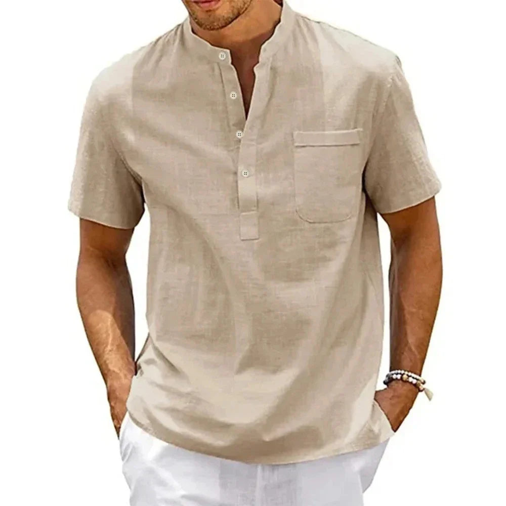 Men's Cotton Linen Shirt - Henley Neck Short Sleeve Pocket Casual Beach Top Unisex T-shirt, Sweatshirt, Hoodie, Long Sleeve Tee - T-Shirt, Sweatshirt, Hoodie
