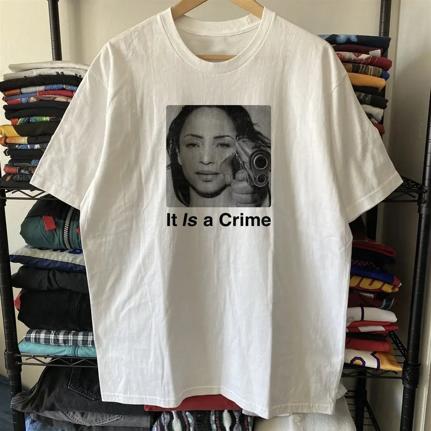 90s Sade Parody It Is A Crime Aged T-Shirt White M Unisex T-shirt, Sweatshirt, Hoodie, Long Sleeve Tee - T-Shirt, Sweatshirt, Hoodie