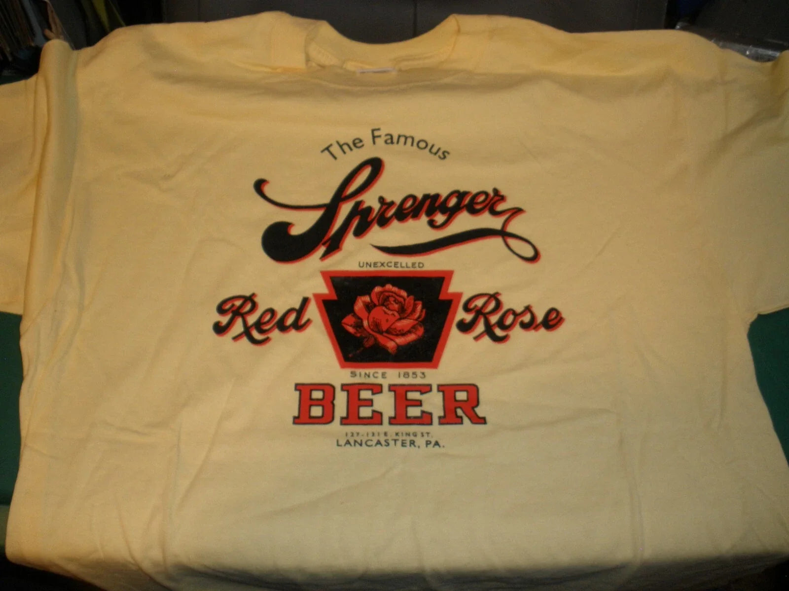 NEW Men's XL Short Sleeve Yellow T-shirt The Famous Sprenger Red Rose Beer Unisex T-shirt, Sweatshirt, Hoodie, Long Sleeve Tee - T-Shirt, Sweatshirt, Hoodie