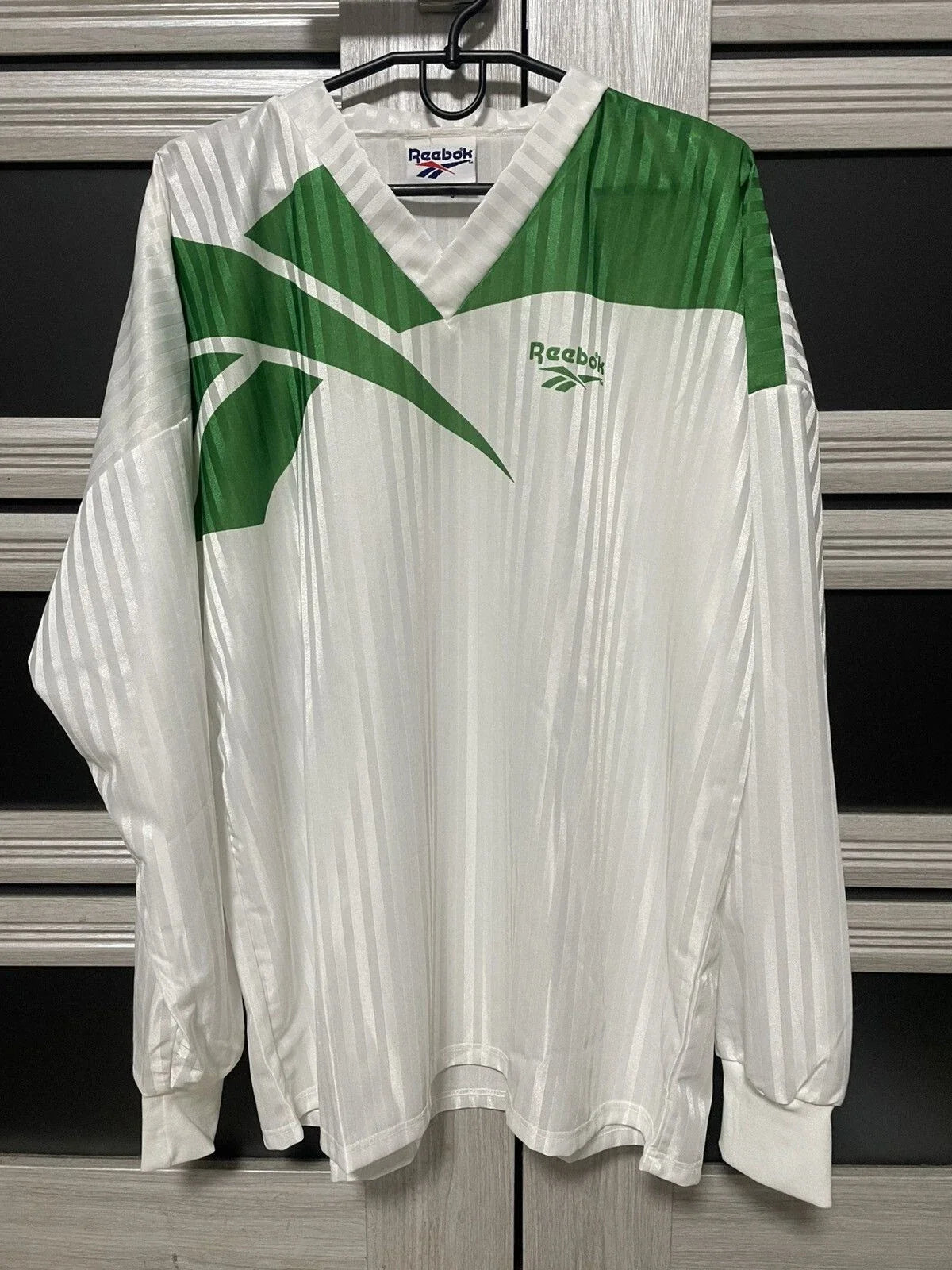 Vintage 90s Reebok Long Sleeve Jersey Shirt White Green Retro Soccer Style Mens Unisex T-shirt, Sweatshirt, Hoodie, Long Sleeve Tee - T-Shirt, Sweatshirt, Hoodie