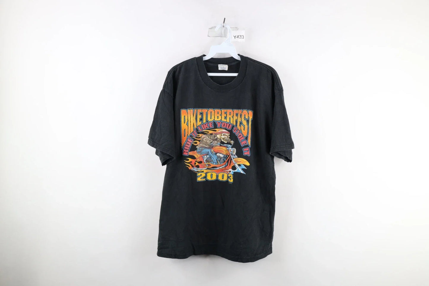 Vtg Y2K 2003 Mens XL Faded Biketoberfest Motorcycle Fire Flames Skeleton T-Shirt Unisex T-shirt, Sweatshirt, Hoodie, Long Sleeve Tee - T-Shirt, Sweatshirt, Hoodie