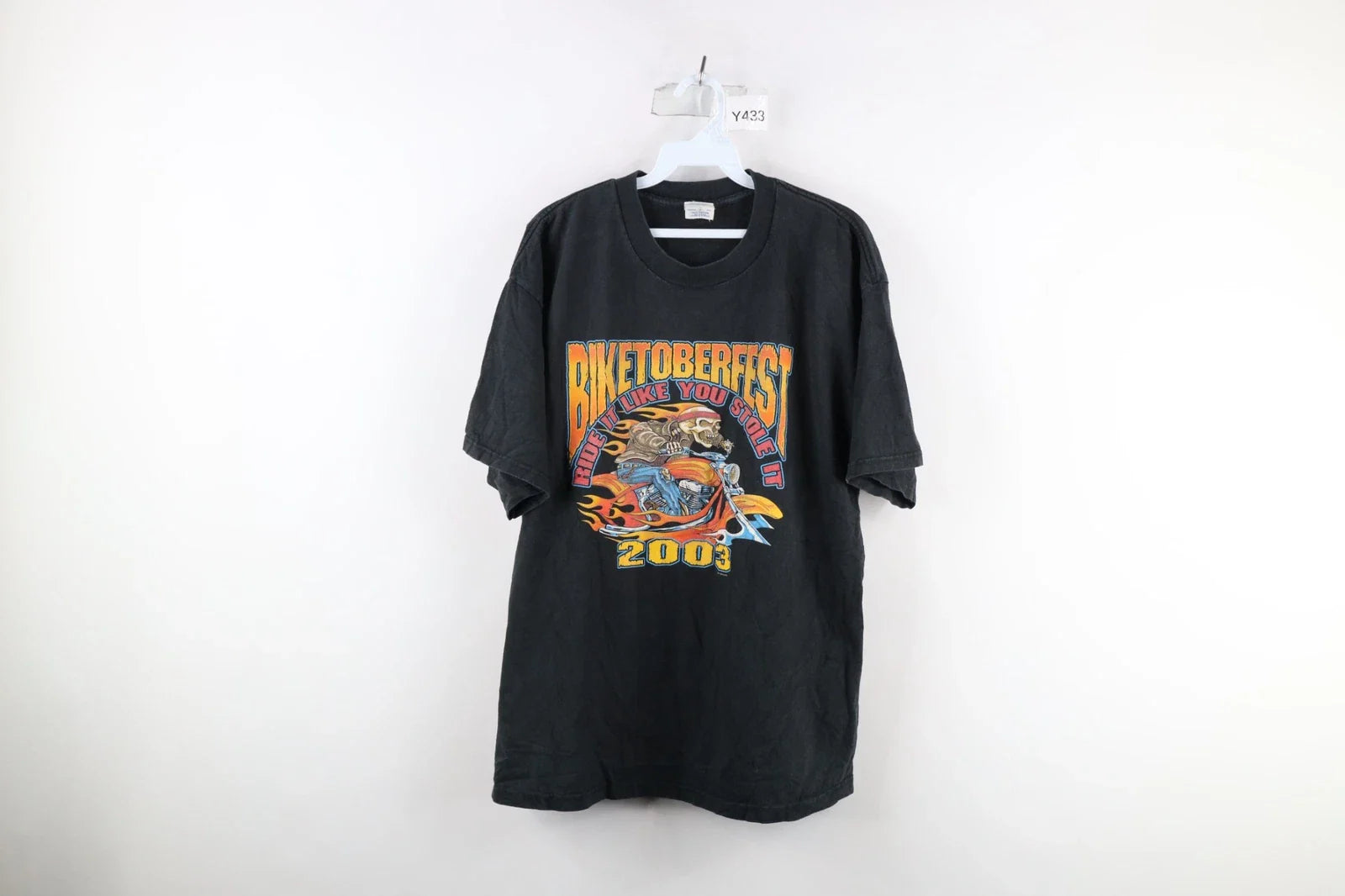 Vtg Y2K 2003 Mens XL Faded Biketoberfest Motorcycle Fire Flames Skeleton T-Shirt Unisex T-shirt, Sweatshirt, Hoodie, Long Sleeve Tee - T-Shirt, Sweatshirt, Hoodie