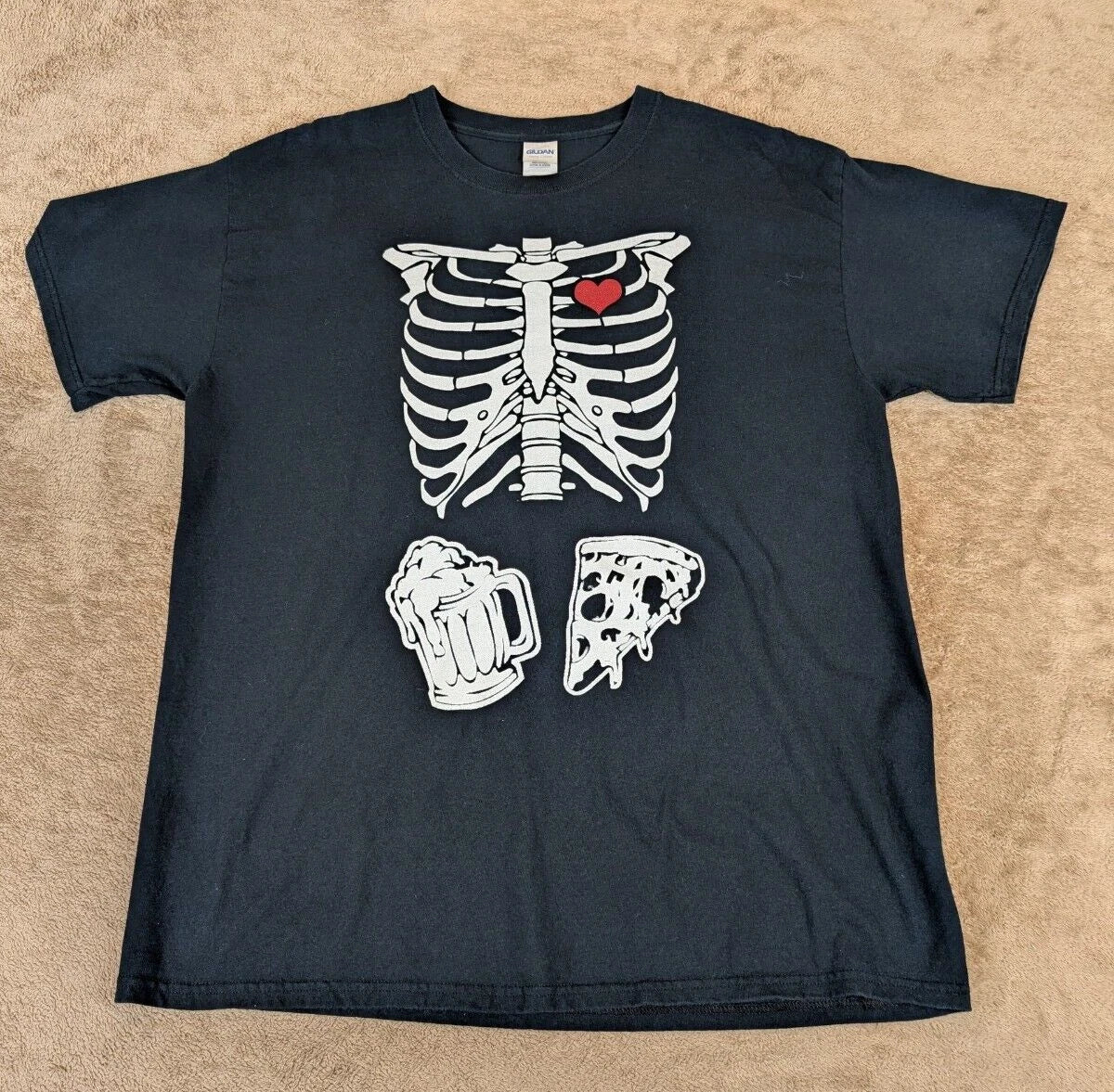 Skeleton Ribs with Pizza and Beer Black Graphic T-shirt Sz Large Unisex T-shirt, Sweatshirt, Hoodie, Long Sleeve Tee - T-Shirt, Sweatshirt, Hoodie