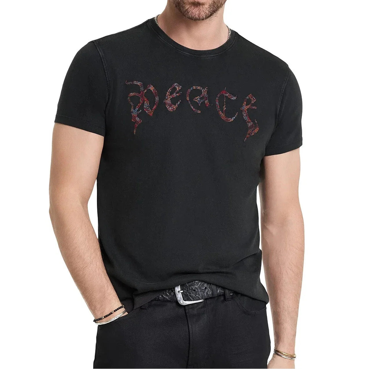 John Varvatos Men's Peace Embroidered Goth Script Graphic Crew T-Shirt Charcoal Unisex T-shirt, Sweatshirt, Hoodie, Long Sleeve Tee - T-Shirt, Sweatshirt, Hoodie