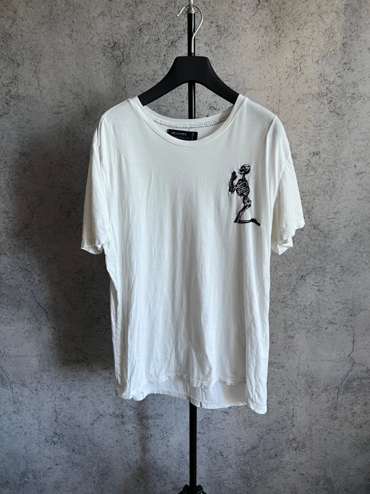 RELIGION T-shirt Mens White Tee size L Embroidered Skeleton Logo Y2K Cotton Unisex T-shirt, Sweatshirt, Hoodie, Long Sleeve Tee - T-Shirt, Sweatshirt, Hoodie