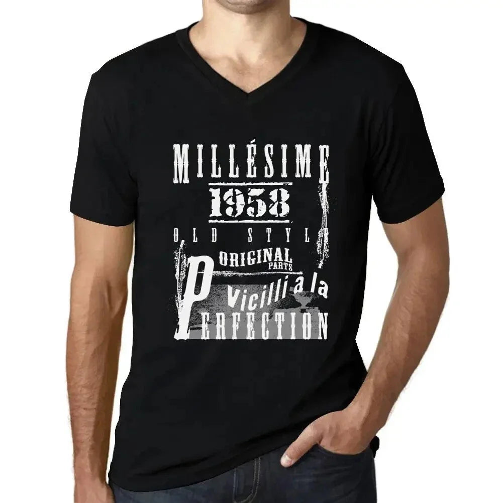Men's Graphic T-Shirt V Neck Vintage Aged to Perfection 1958  Millsime Vieilli Unisex T-shirt, Sweatshirt, Hoodie, Long Sleeve Tee - T-Shirt, Sweatshirt, Hoodie