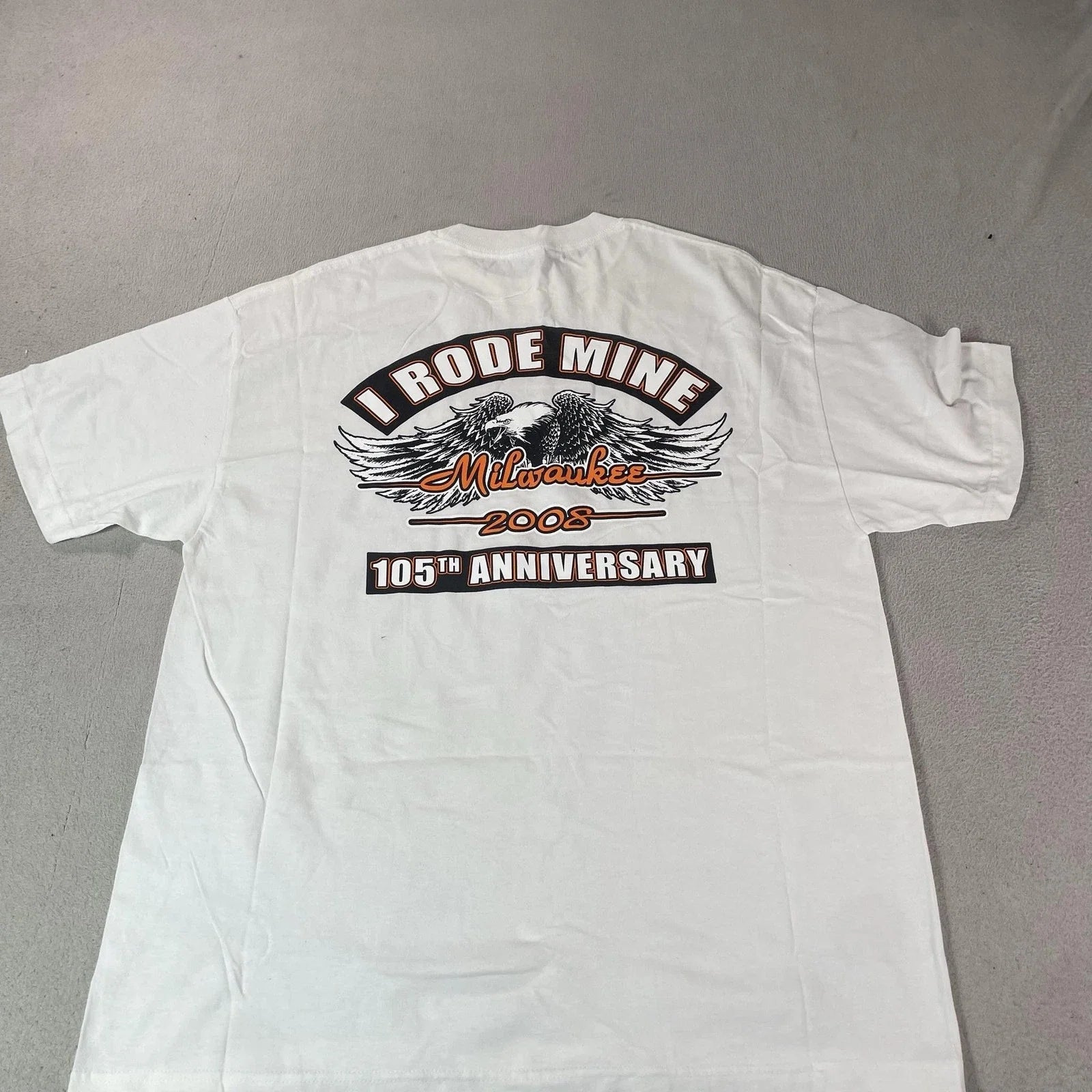 Y2K Biker Shirt Mens XL White I Rode Mine Milwaukee 2008 105th Anniversary Tee Unisex T-shirt, Sweatshirt, Hoodie, Long Sleeve Tee - T-Shirt, Sweatshirt, Hoodie