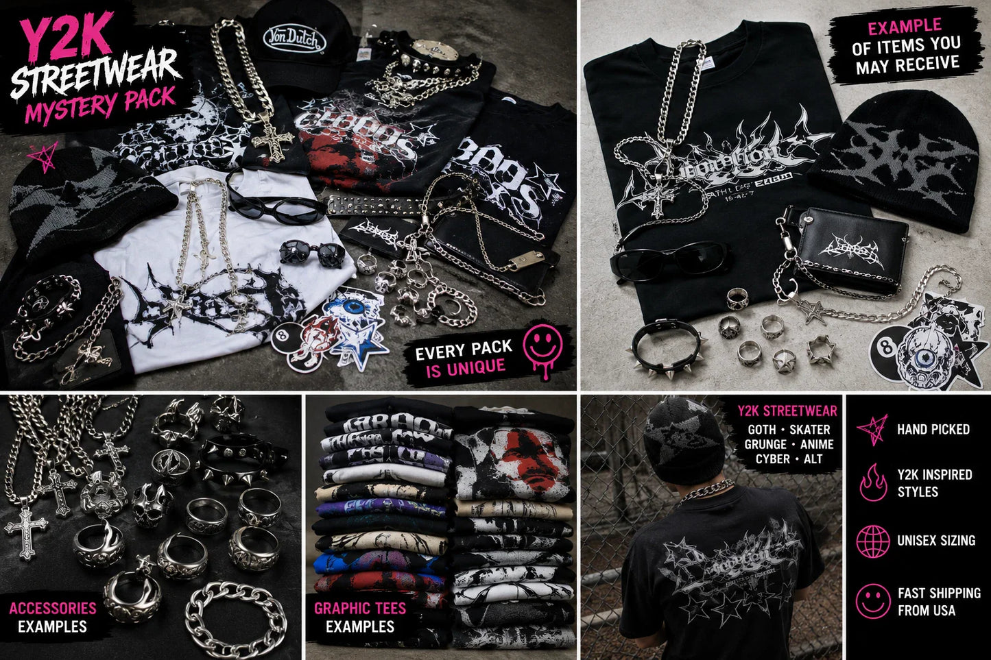 Y2K Streetwear Mystery Box Graphic Tee + Accessories Surprise Pack Goth Skater Unisex T-shirt, Sweatshirt, Hoodie, Long Sleeve Tee - T-Shirt, Sweatshirt, Hoodie