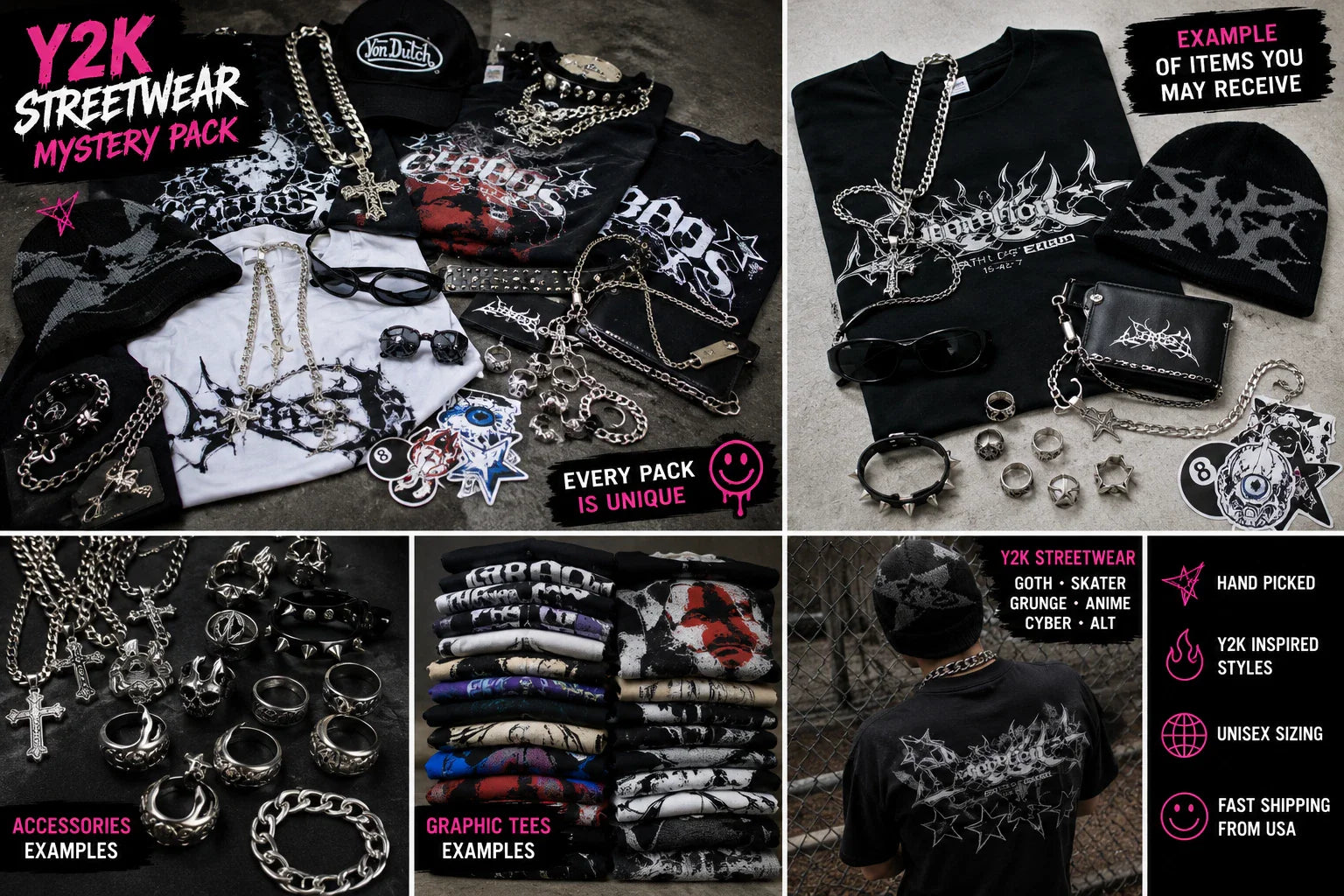 Y2K Streetwear Mystery Box Graphic Tee + Accessories Surprise Pack Goth Skater Unisex T-shirt, Sweatshirt, Hoodie, Long Sleeve Tee - T-Shirt, Sweatshirt, Hoodie