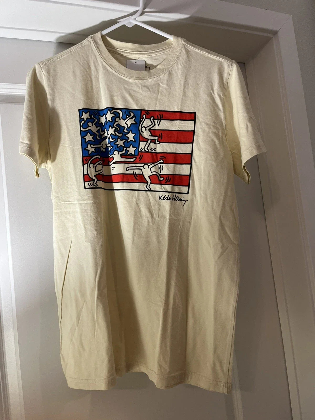 Keith Haring American Flag T Shirt Tan Mens size S Pop Art Dancing Figures Unisex T-shirt, Sweatshirt, Hoodie, Long Sleeve Tee - T-Shirt, Sweatshirt, Hoodie